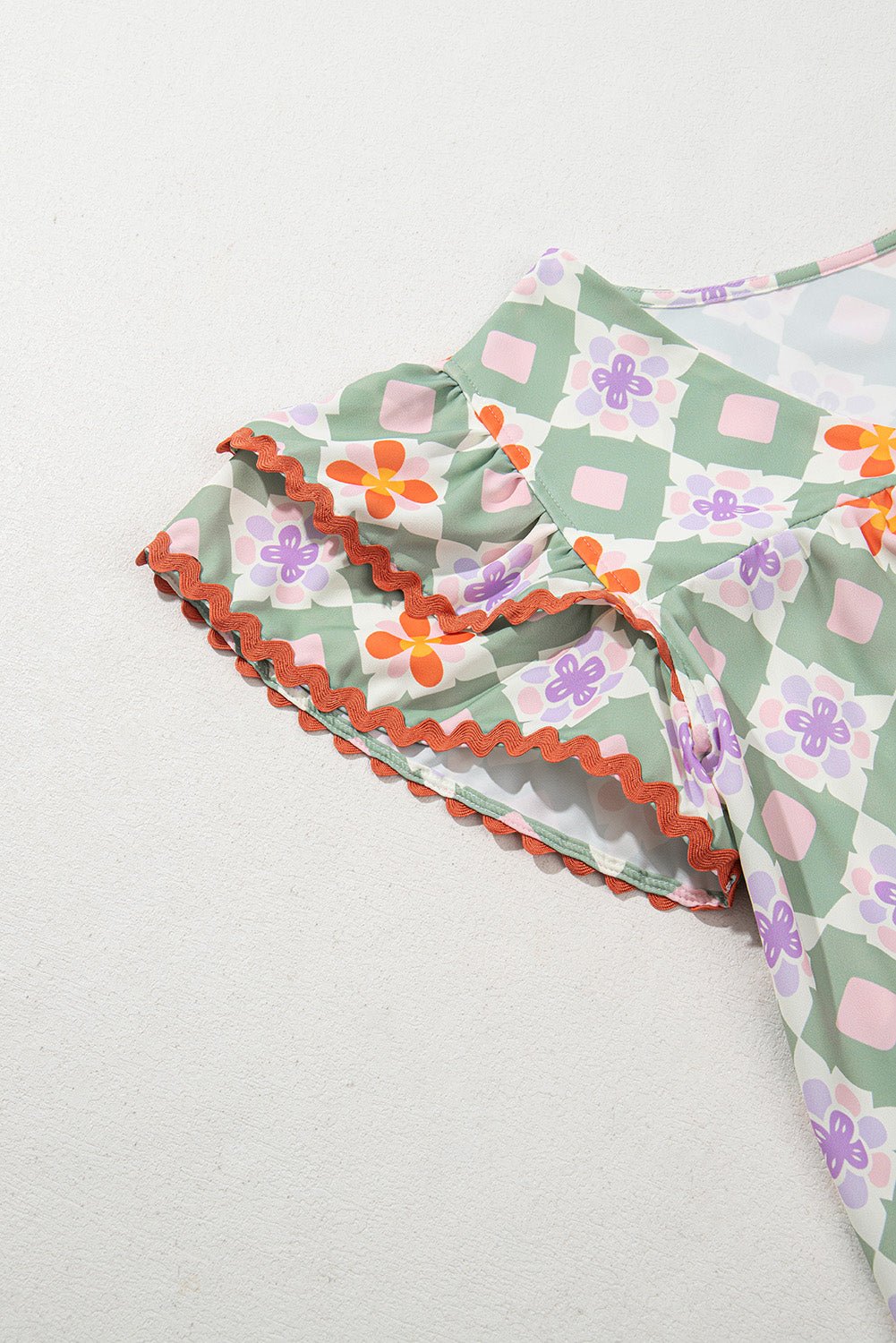 Green Geometric Floral Print Ric Rac Trim Flutter Sleeve Boho Blouse - MAD RUFFI