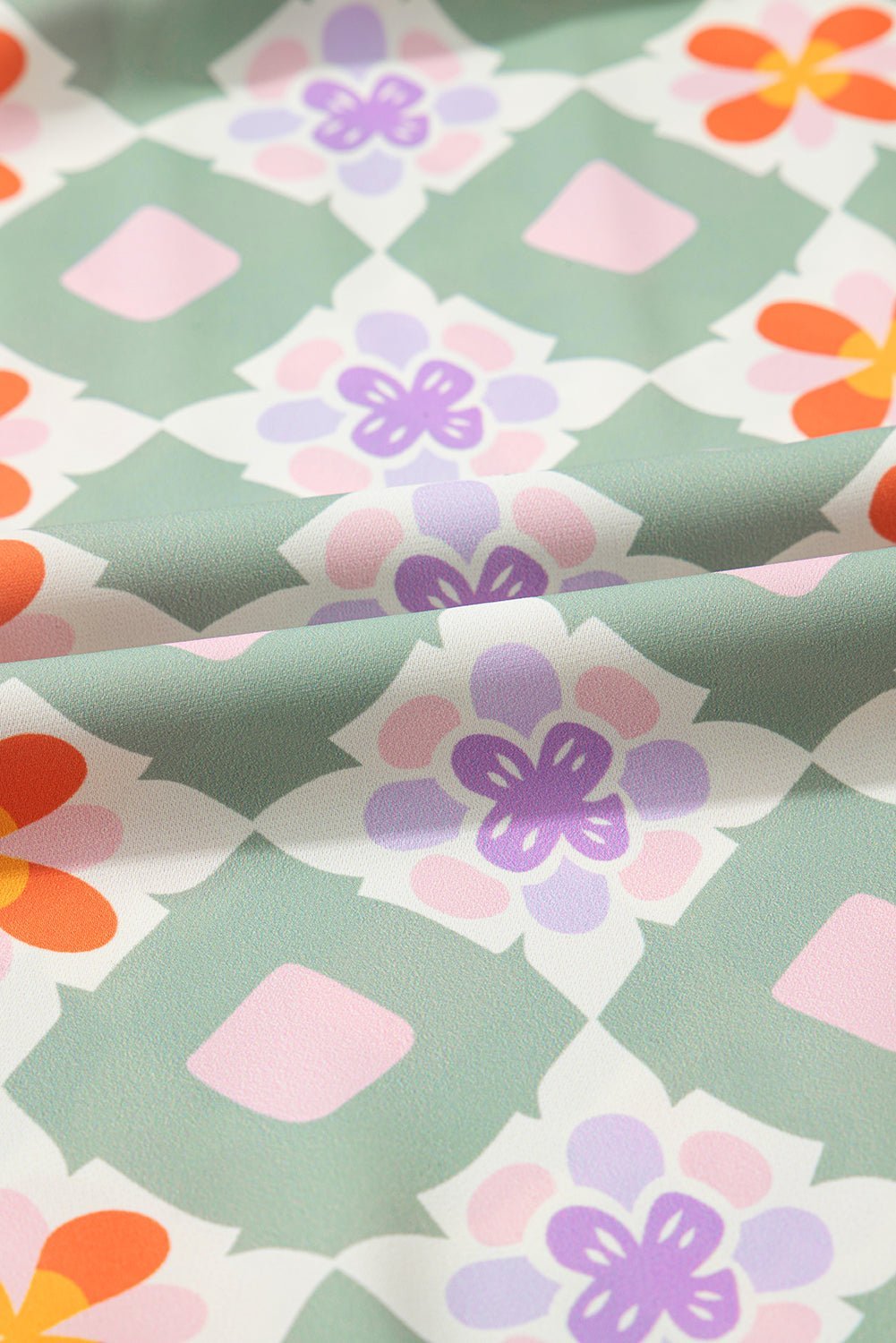 Green Geometric Floral Print Ric Rac Trim Flutter Sleeve Boho Blouse - MAD RUFFI