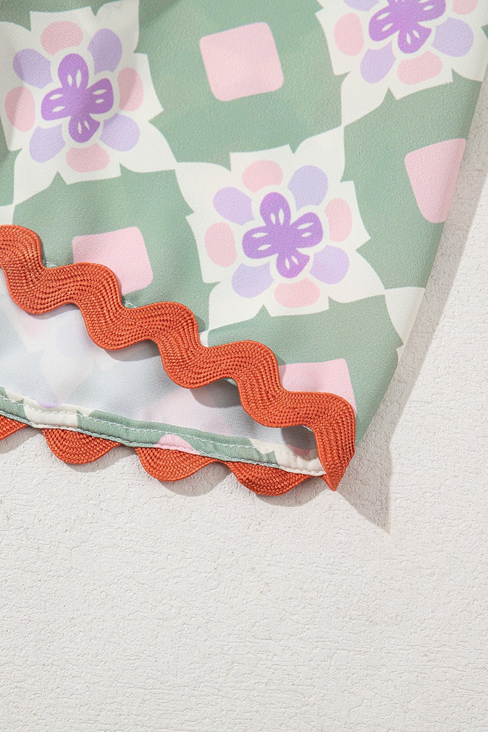 Green Geometric Floral Print Ric Rac Trim Flutter Sleeve Boho Blouse - MAD RUFFI