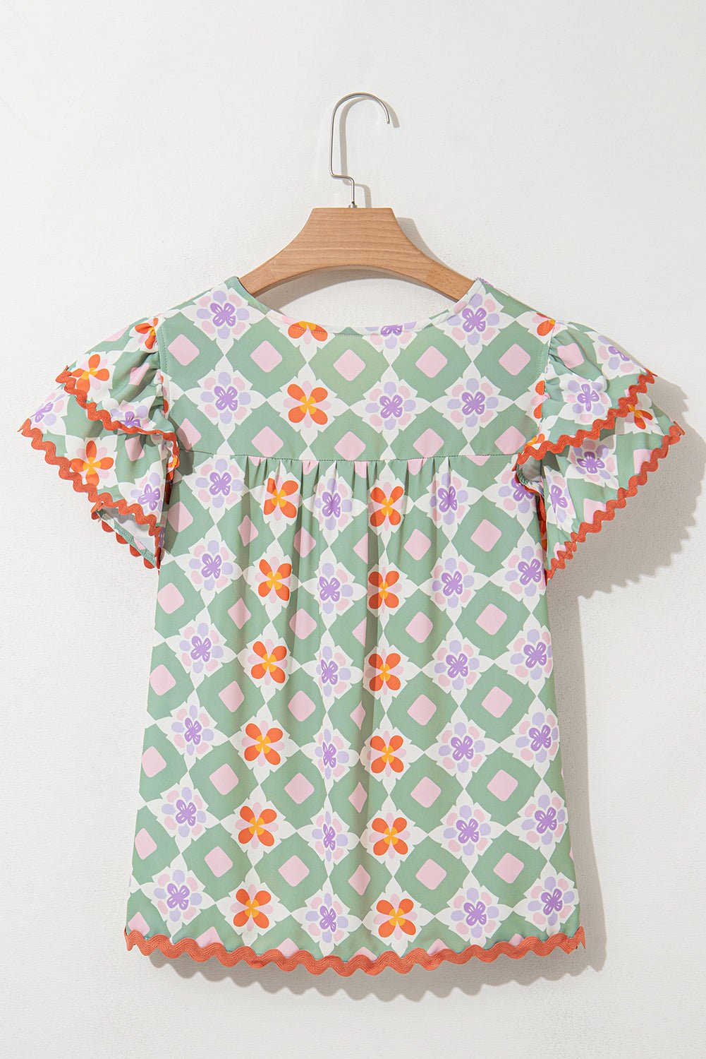 Green Geometric Floral Print Ric Rac Trim Flutter Sleeve Boho Blouse - MAD RUFFI