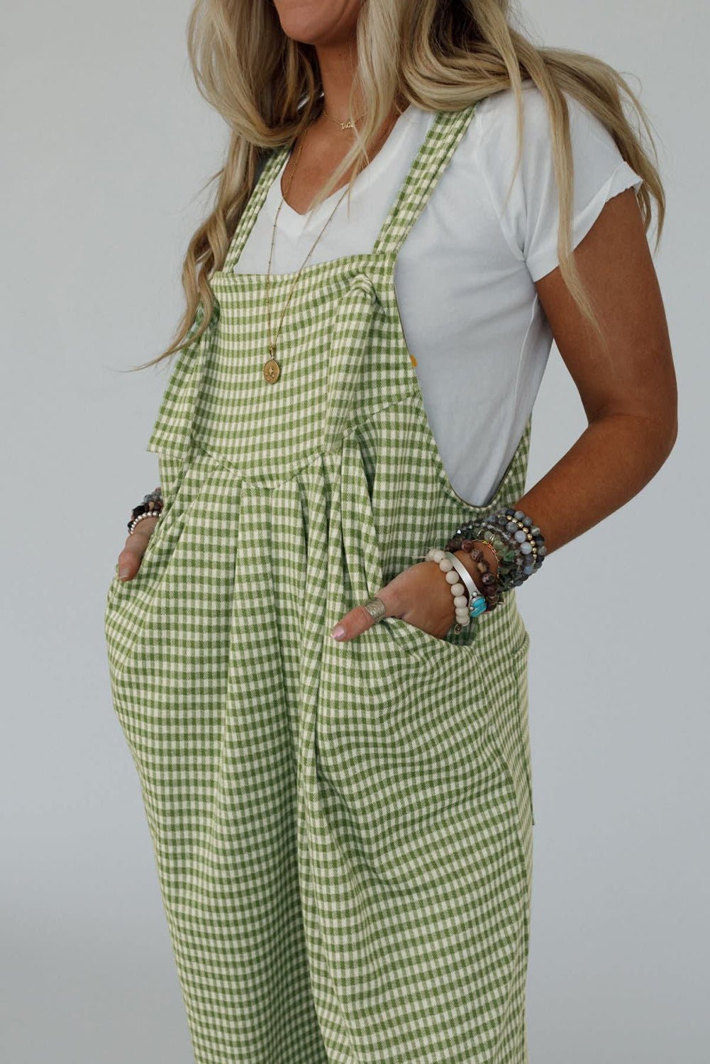 Green Gingham Wide Leg Pockets Loose Overall - MAD RUFFI