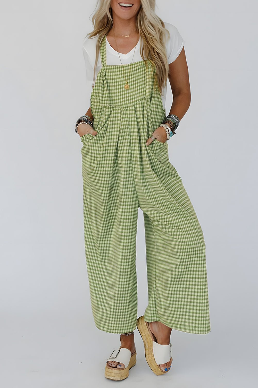 Green Gingham Wide Leg Pockets Loose Overall - MAD RUFFI