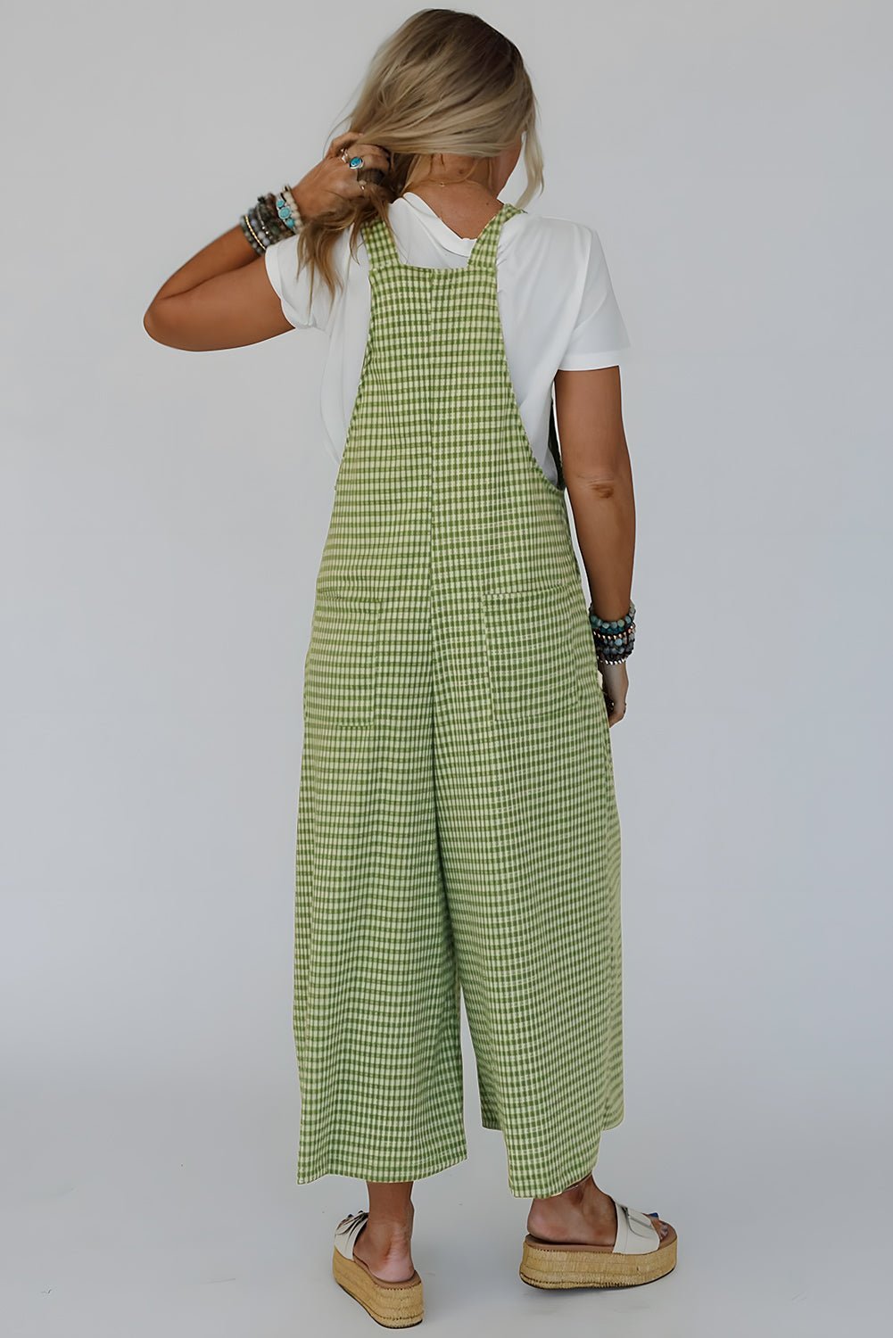 Green Gingham Wide Leg Pockets Loose Overall - MAD RUFFI