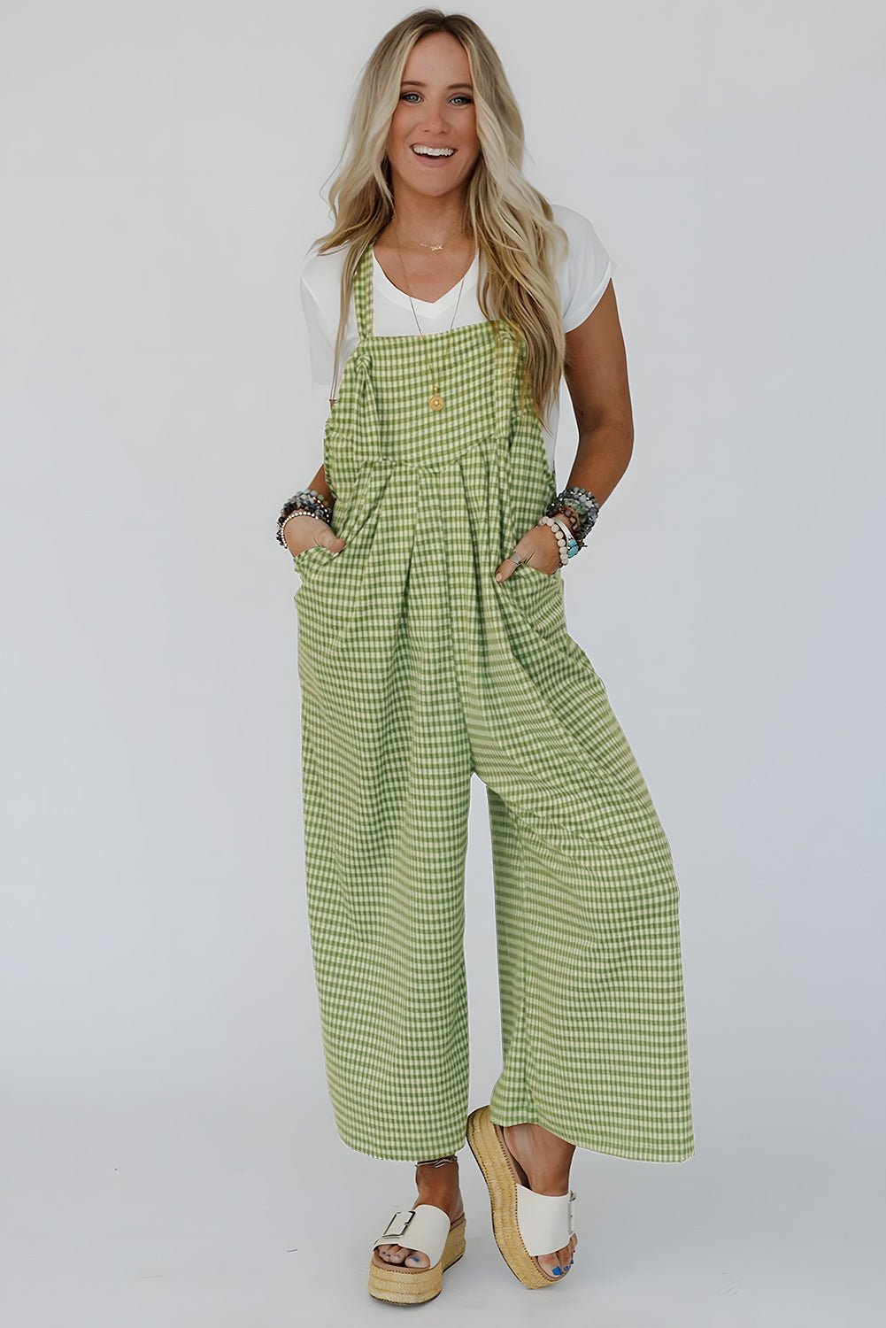 Green Gingham Wide Leg Pockets Loose Overall - MAD RUFFI