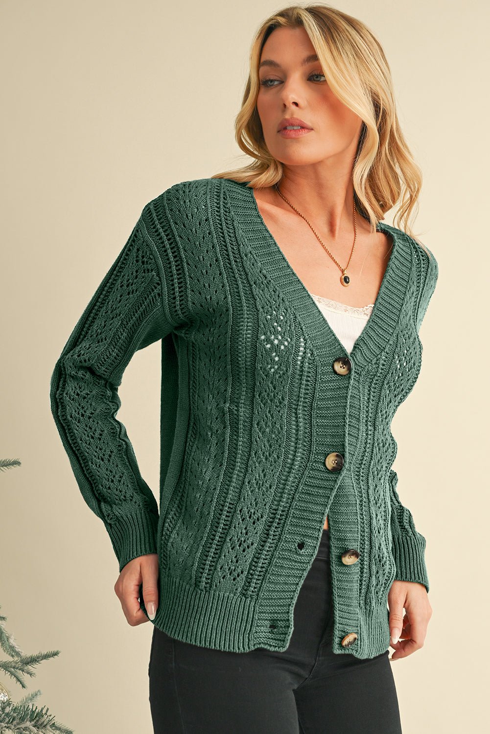 Green Hollow Knit Drop Shoulder Cardigan - MAD RUFFI