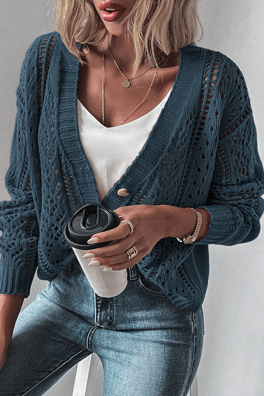 Green Hollow Knit Drop Shoulder Cardigan - MAD RUFFI