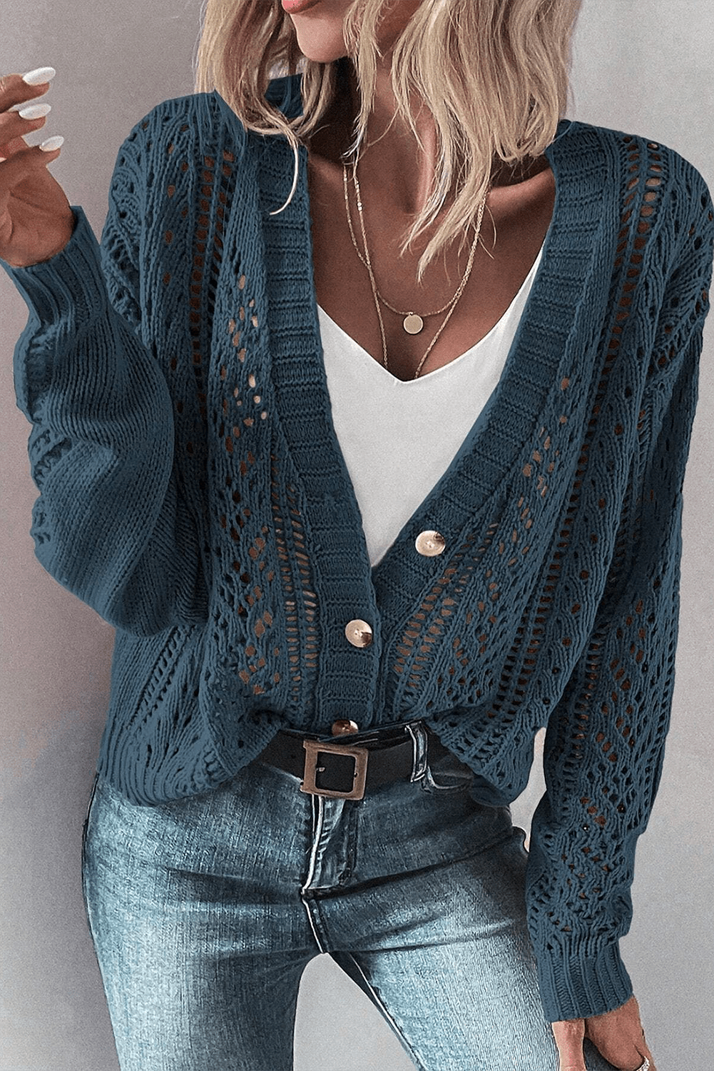 Green Hollow Knit Drop Shoulder Cardigan - MAD RUFFI