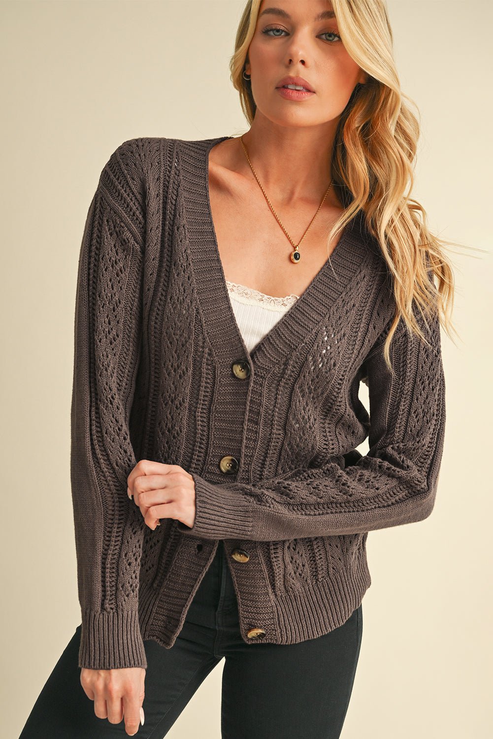 Green Hollow Knit Drop Shoulder Cardigan - MAD RUFFI