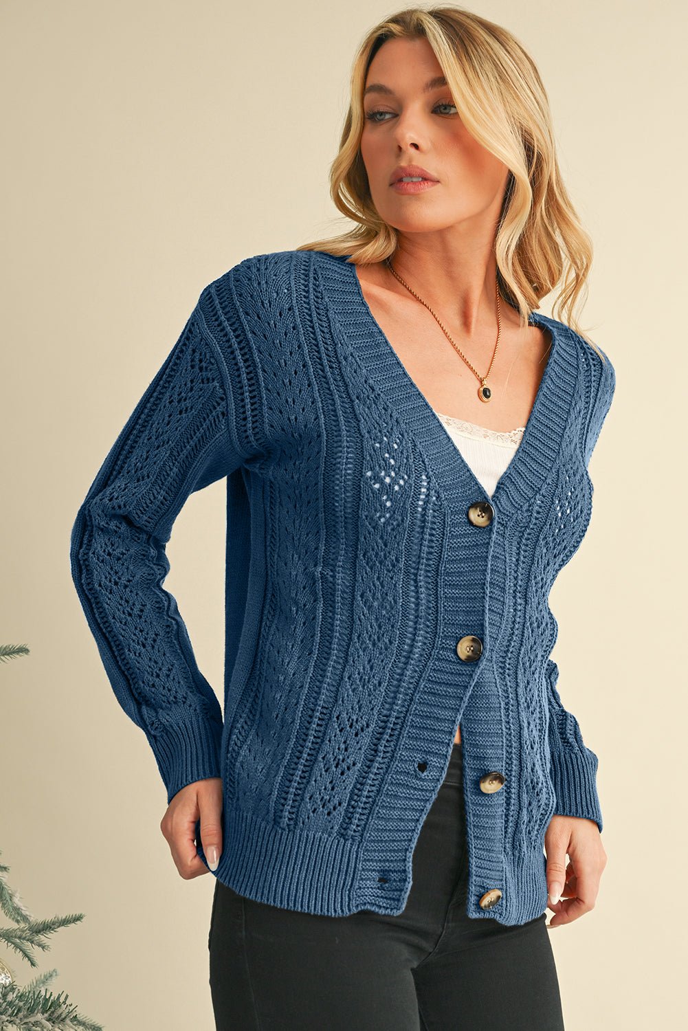 Green Hollow Knit Drop Shoulder Cardigan - MAD RUFFI