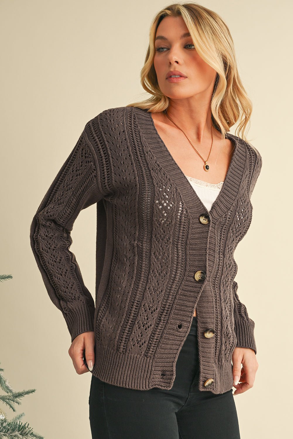 Green Hollow Knit Drop Shoulder Cardigan - MAD RUFFI