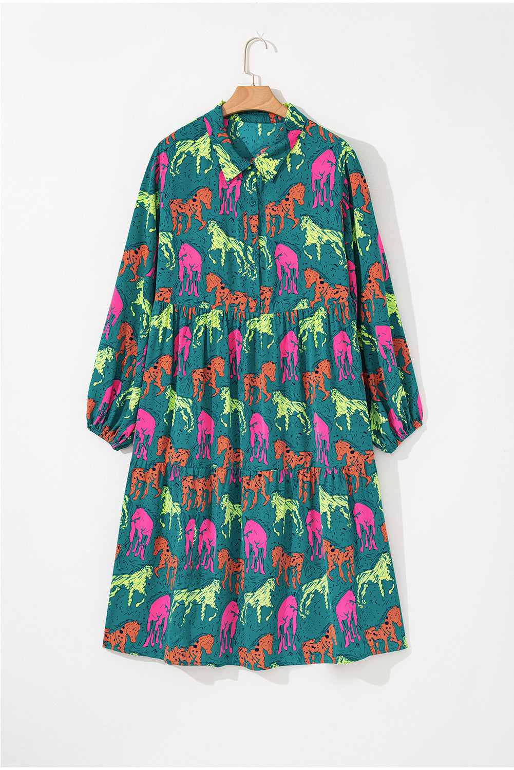 Green Horse Print Long Sleeve Collared Button Plus Size Midi Dress - Plus Size Dresses