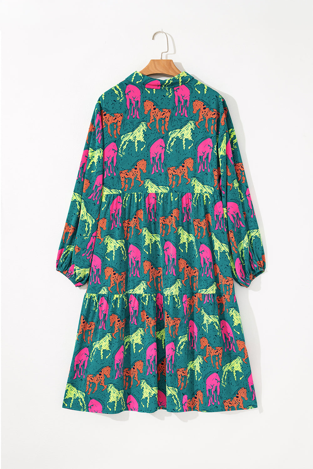 Green Horse Print Long Sleeve Collared Button Plus Size Midi Dress - Plus Size Dresses