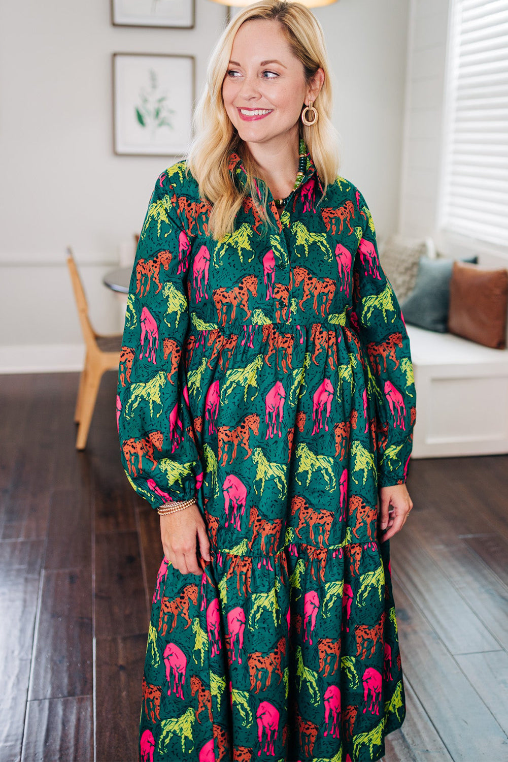 Green Horse Print Long Sleeve Collared Button Plus Size Midi Dress - Plus Size Dresses