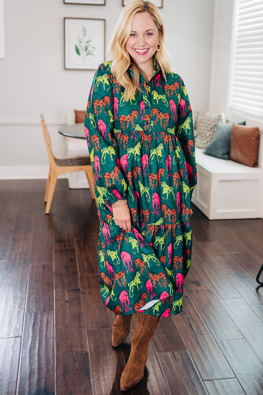 Green Horse Print Long Sleeve Collared Button Plus Size Midi Dress - Plus Size Dresses