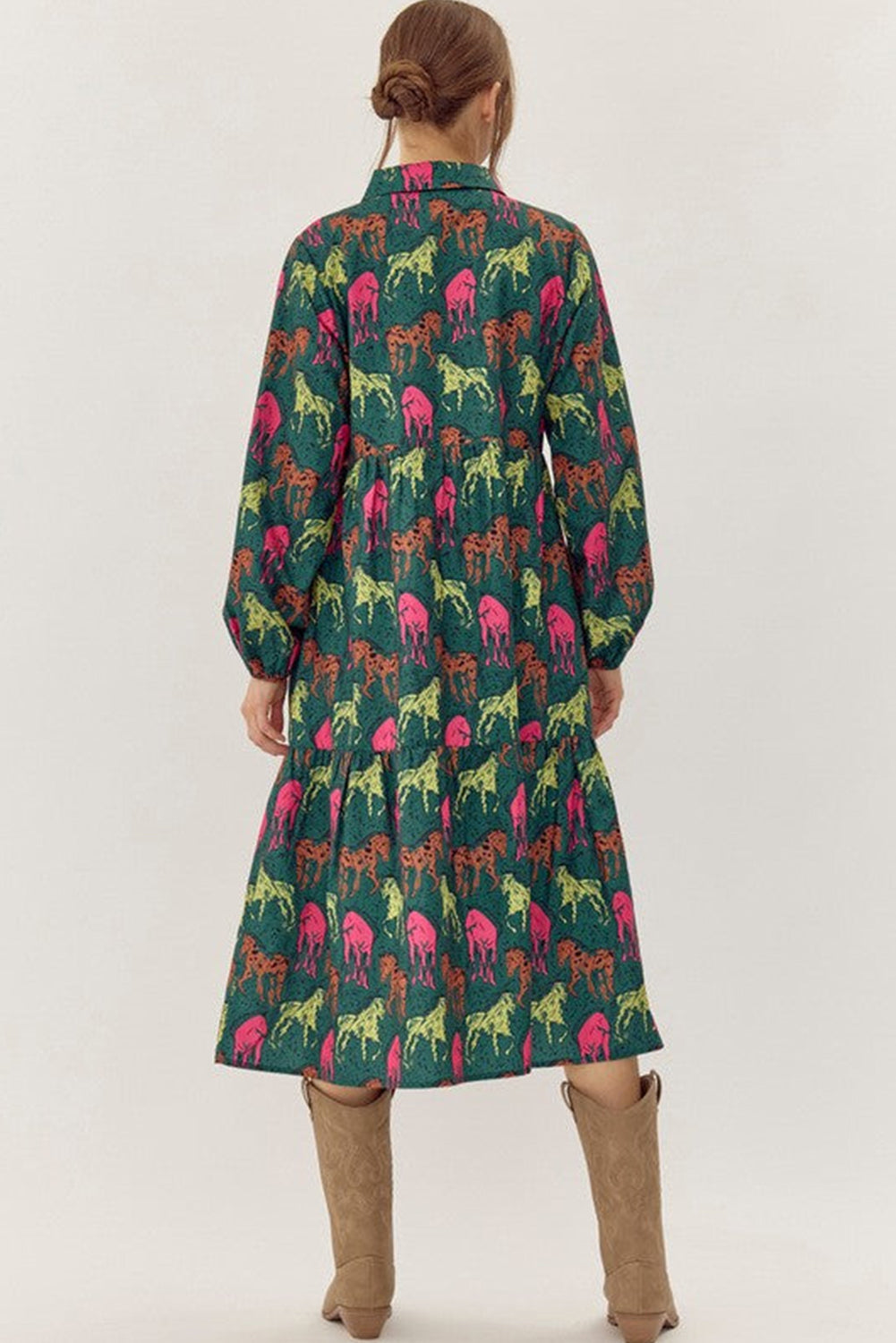 Green Horse Print Long Sleeve Collared Button Plus Size Midi Dress - Plus Size Dresses