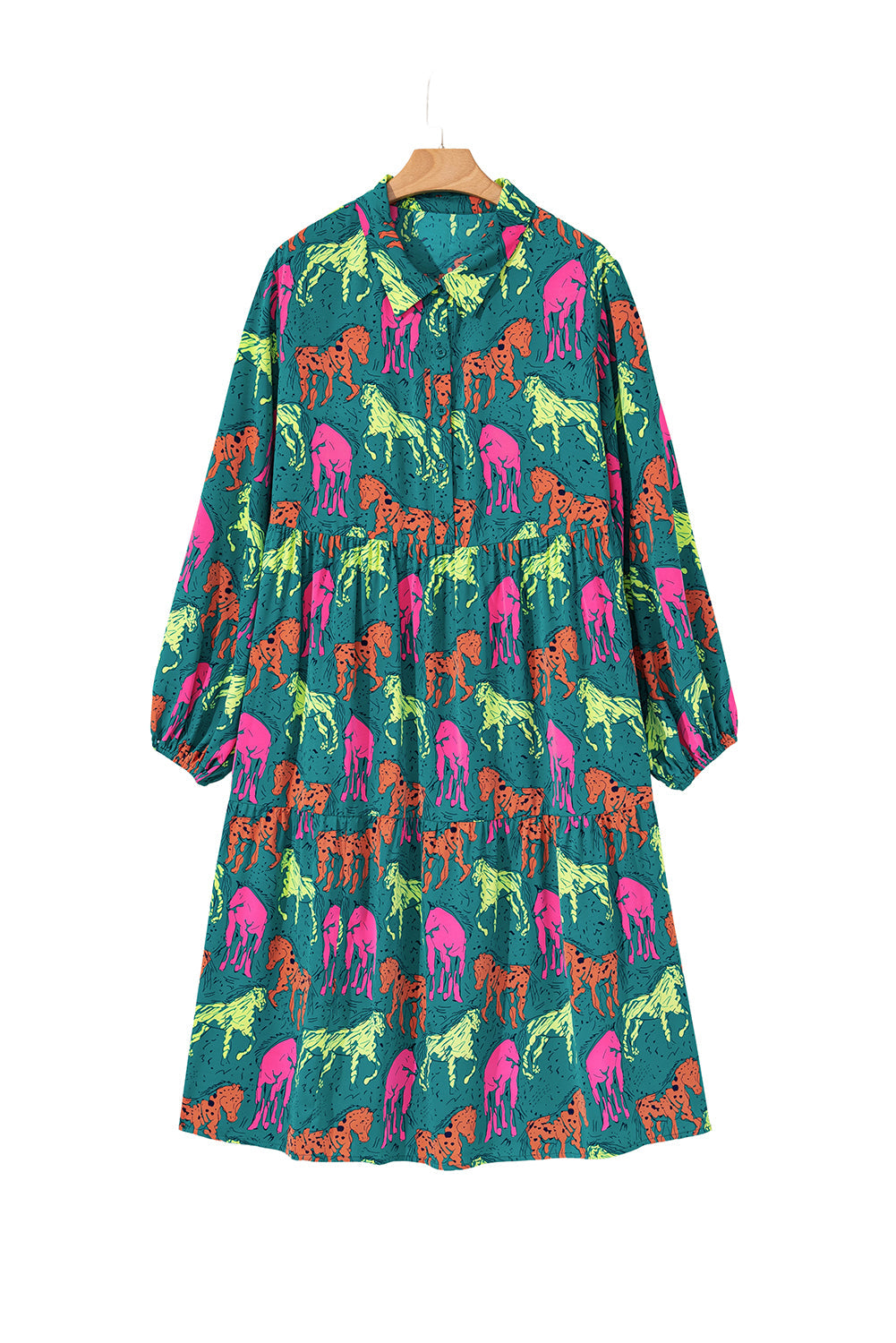 Green Horse Print Long Sleeve Collared Button Plus Size Midi Dress - Plus Size Dresses