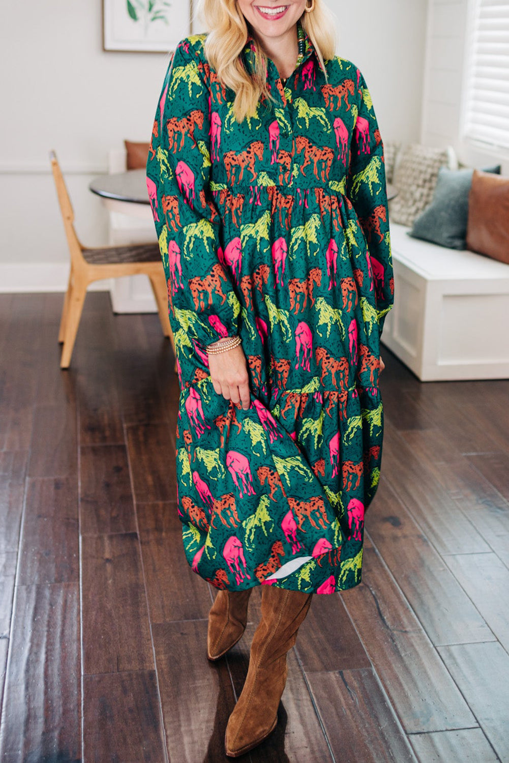 Green Horse Print Long Sleeve Collared Button Plus Size Midi Dress - Green / 1X - Plus Size Dresses