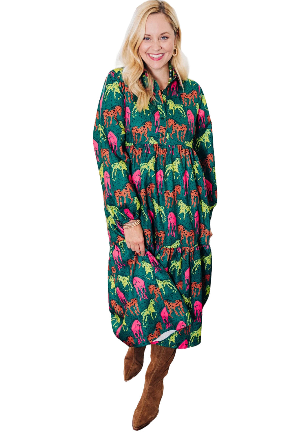 Green Horse Print Long Sleeve Collared Button Plus Size Midi Dress - Plus Size Dresses