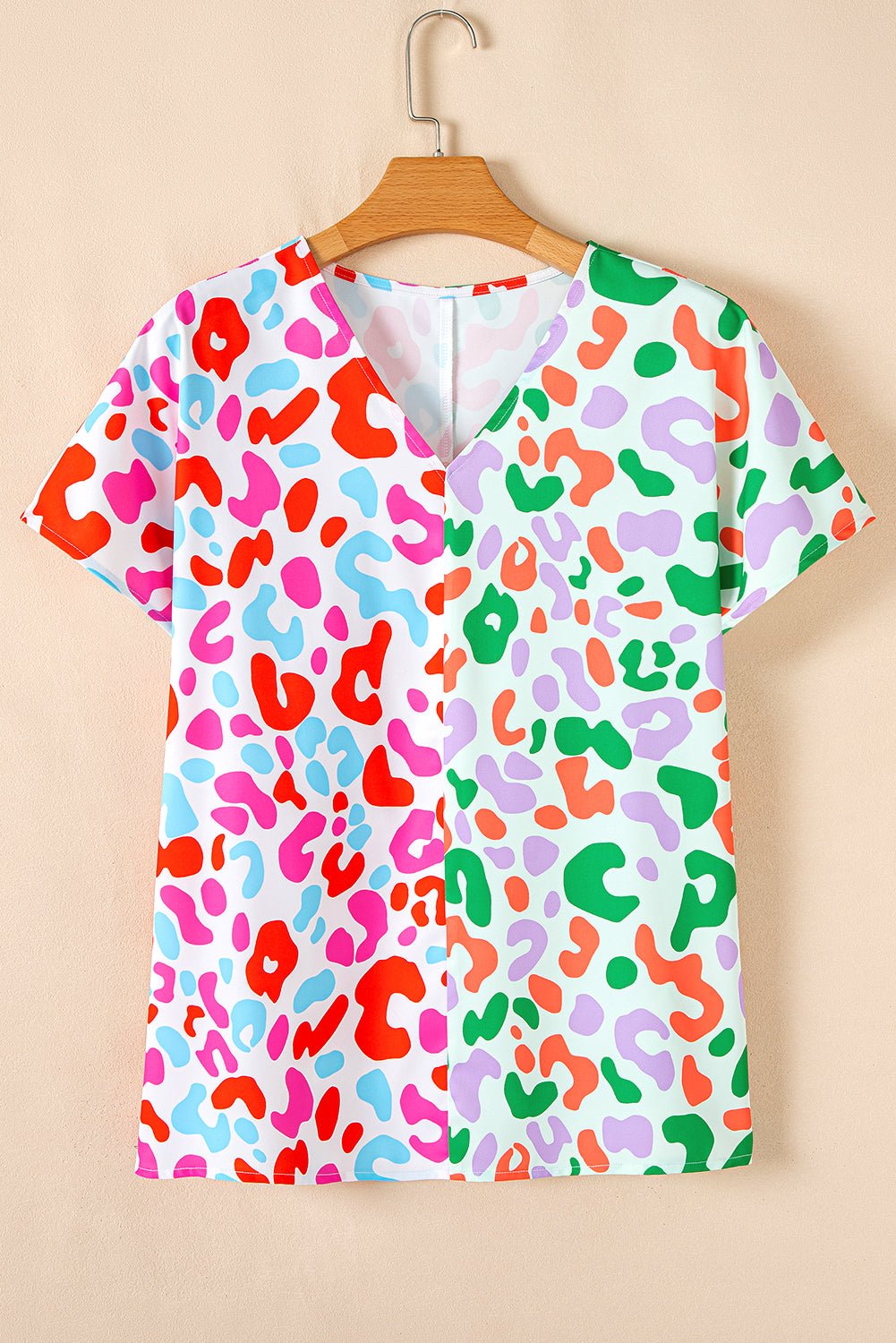 Green Leopard Print Patchwork V Neck Short Sleeve Blouse - MAD RUFFI