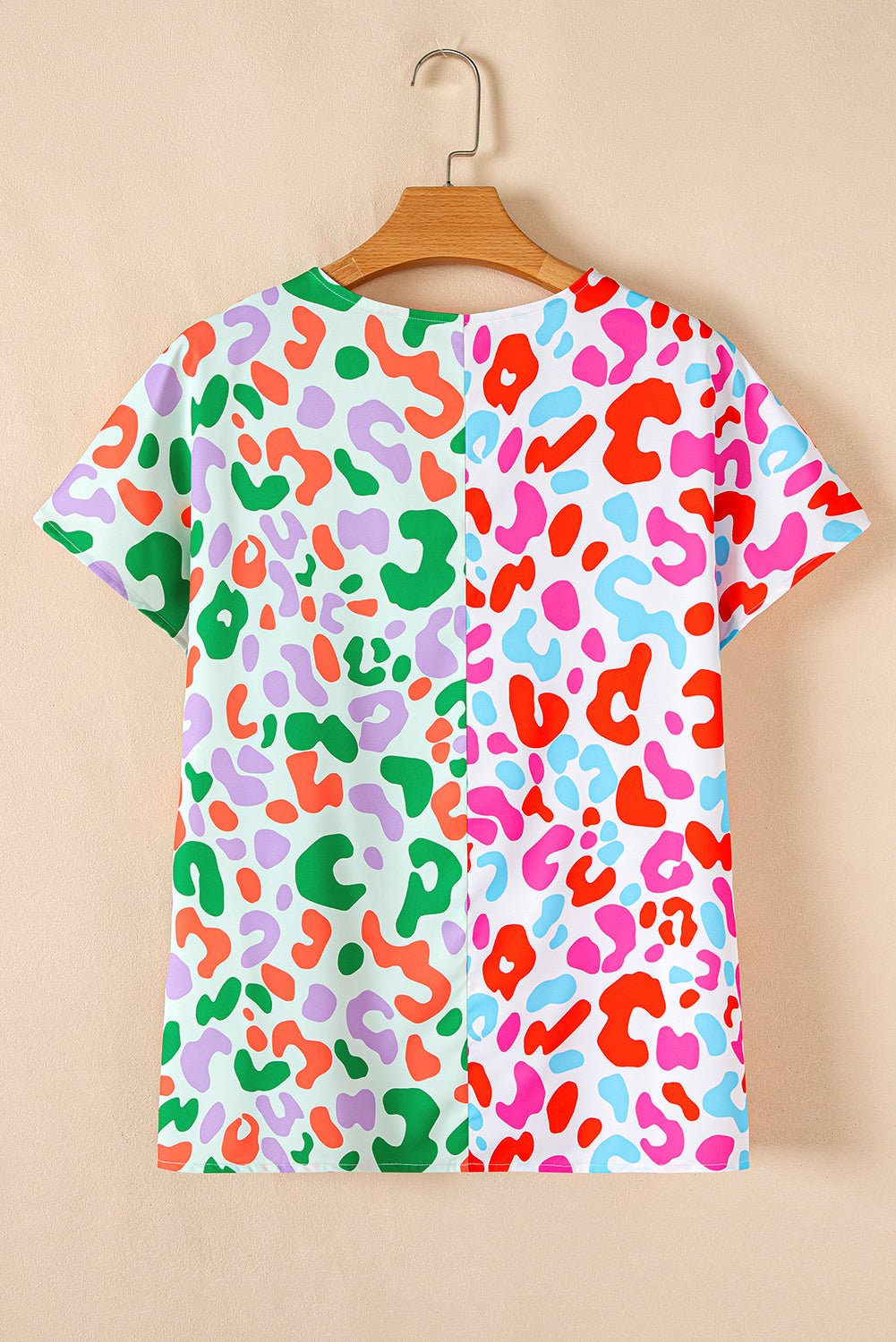 Green Leopard Print Patchwork V Neck Short Sleeve Blouse - MAD RUFFI