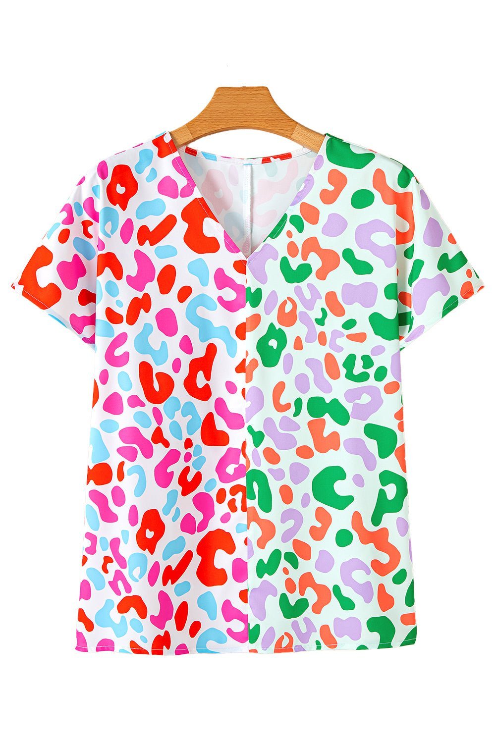 Green Leopard Print Patchwork V Neck Short Sleeve Blouse - MAD RUFFI