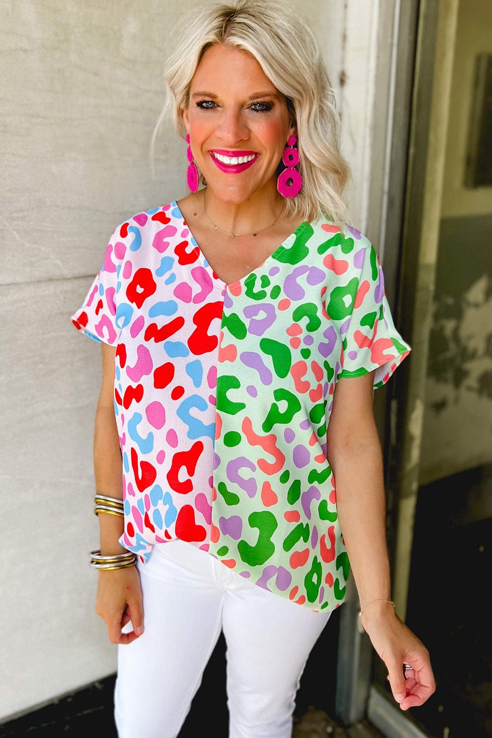 Green Leopard Print Patchwork V Neck Short Sleeve Blouse - MAD RUFFI