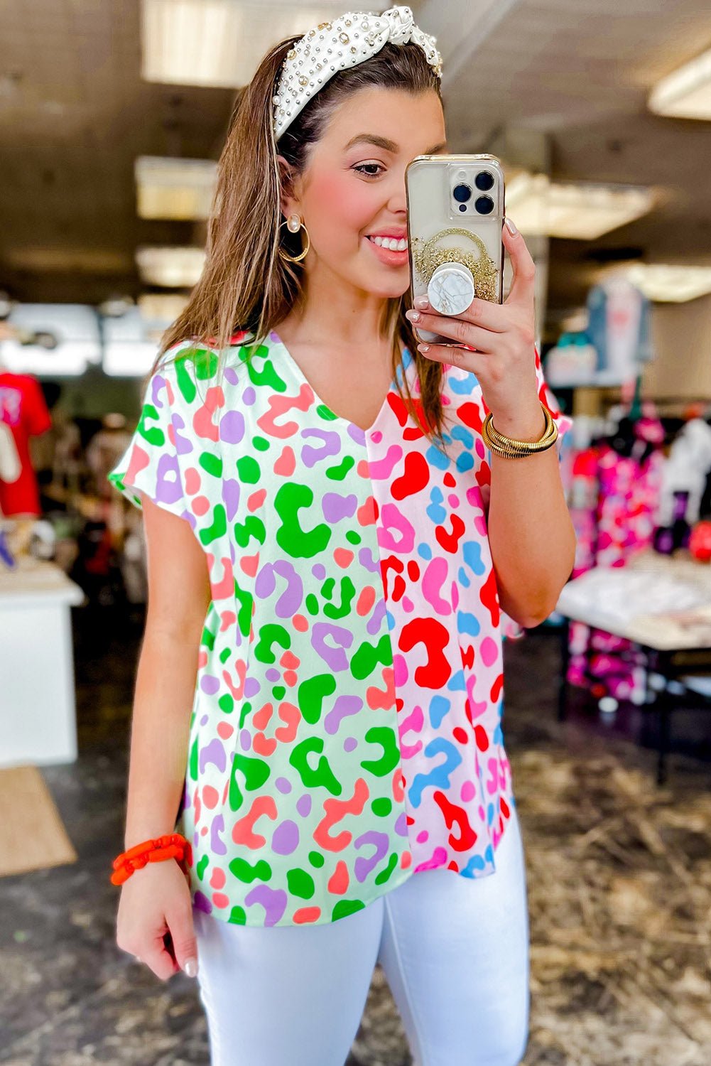 Green Leopard Print Patchwork V Neck Short Sleeve Blouse - MAD RUFFI