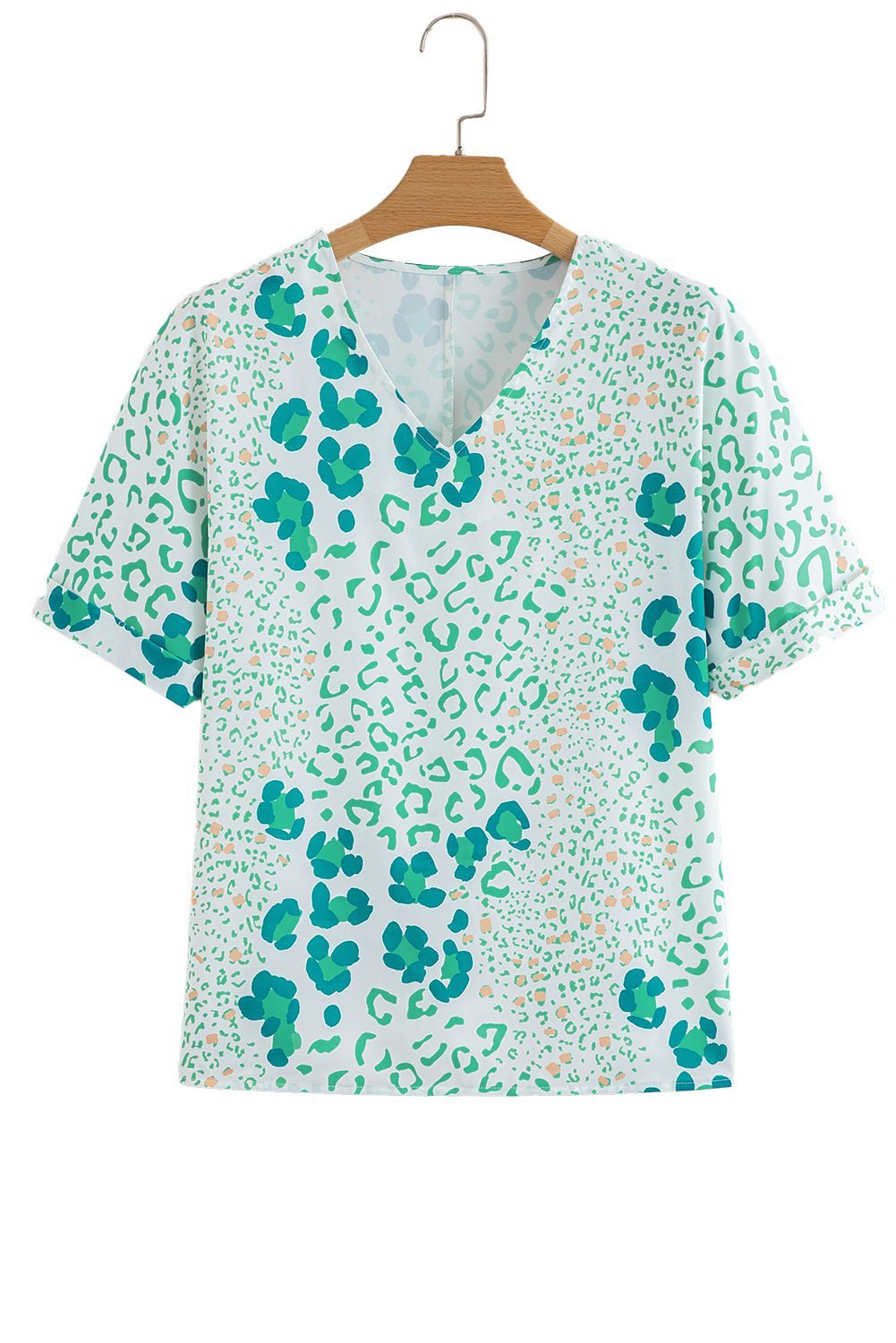 Green Leopard Print V Neck Short Sleeve Blouse - MAD RUFFI