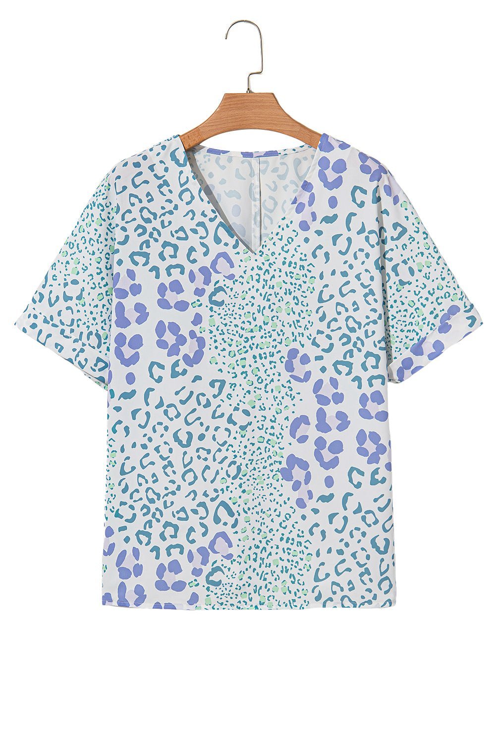 Green Leopard Print V Neck Short Sleeve Blouse - MAD RUFFI