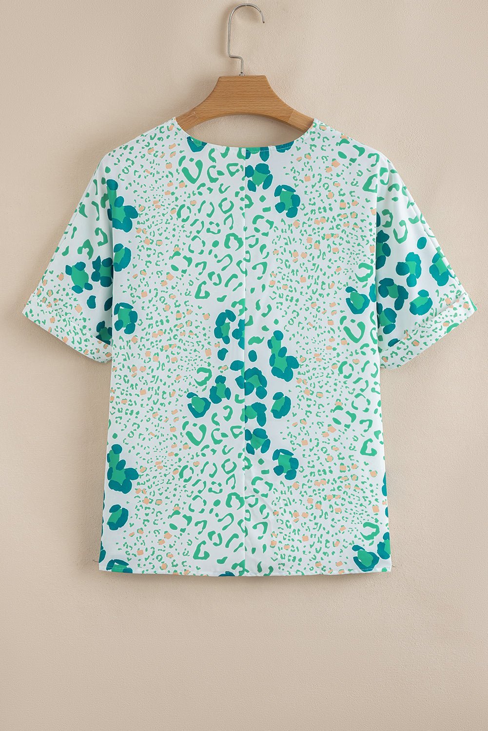 Green Leopard Print V Neck Short Sleeve Blouse - MAD RUFFI
