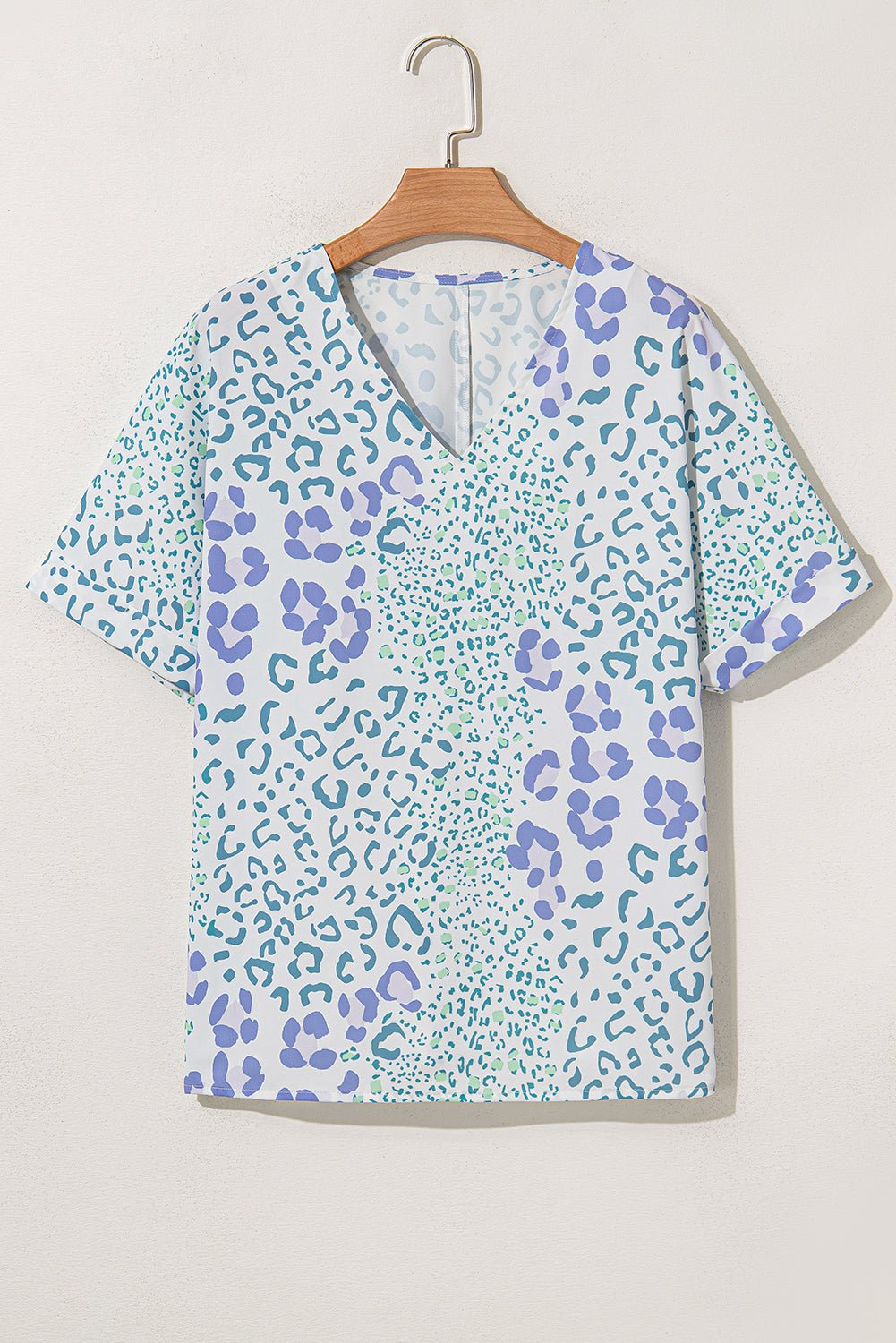 Green Leopard Print V Neck Short Sleeve Blouse - MAD RUFFI