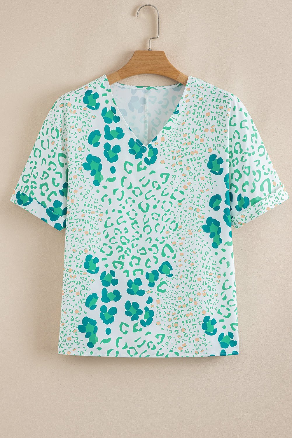 Green Leopard Print V Neck Short Sleeve Blouse - MAD RUFFI