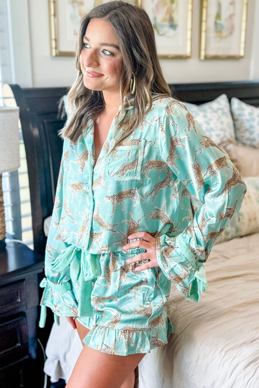 Green Leopard Satin Ruffle Hem Pajama Set - MAD RUFFI