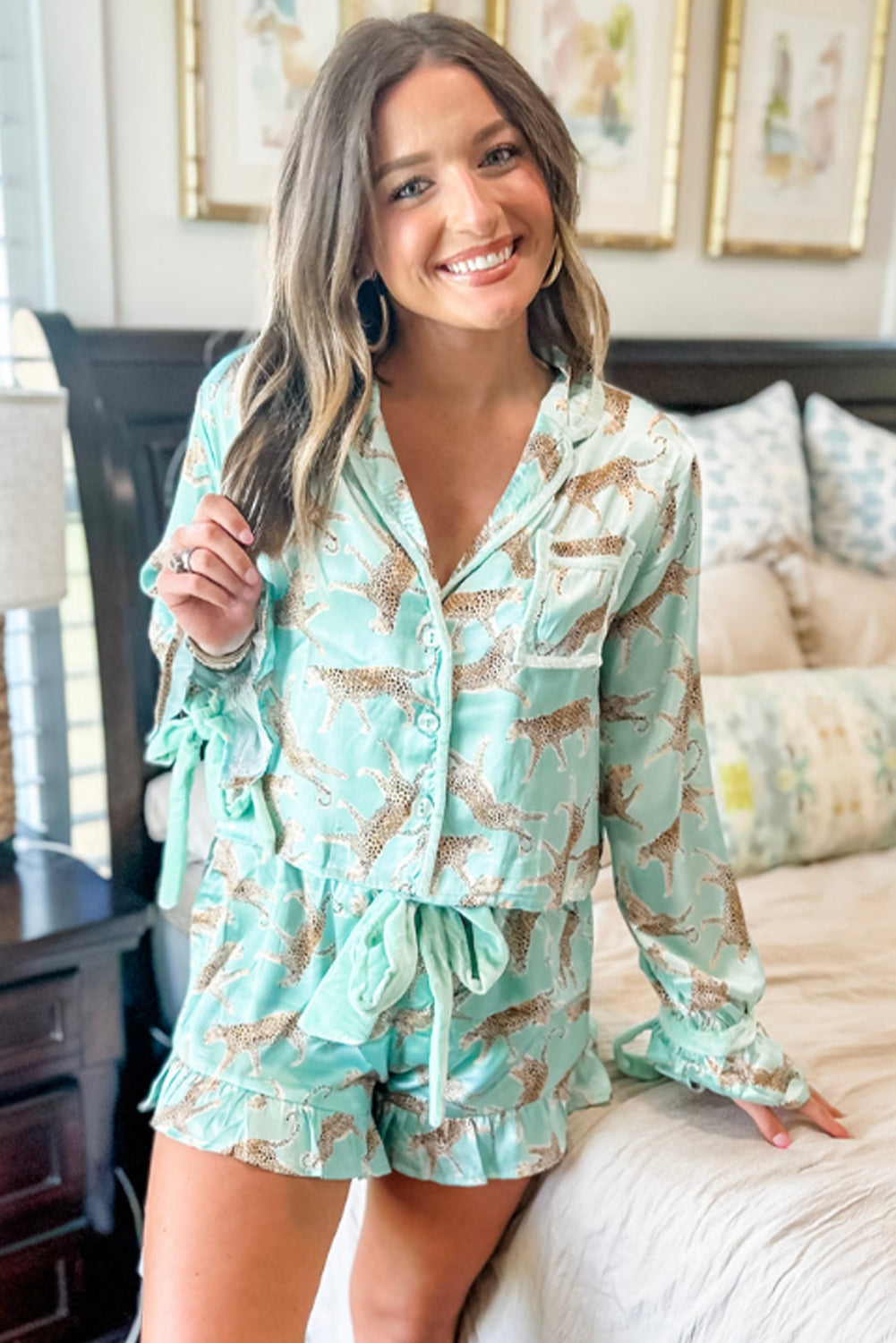 Green Leopard Satin Ruffle Hem Pajama Set - MAD RUFFI