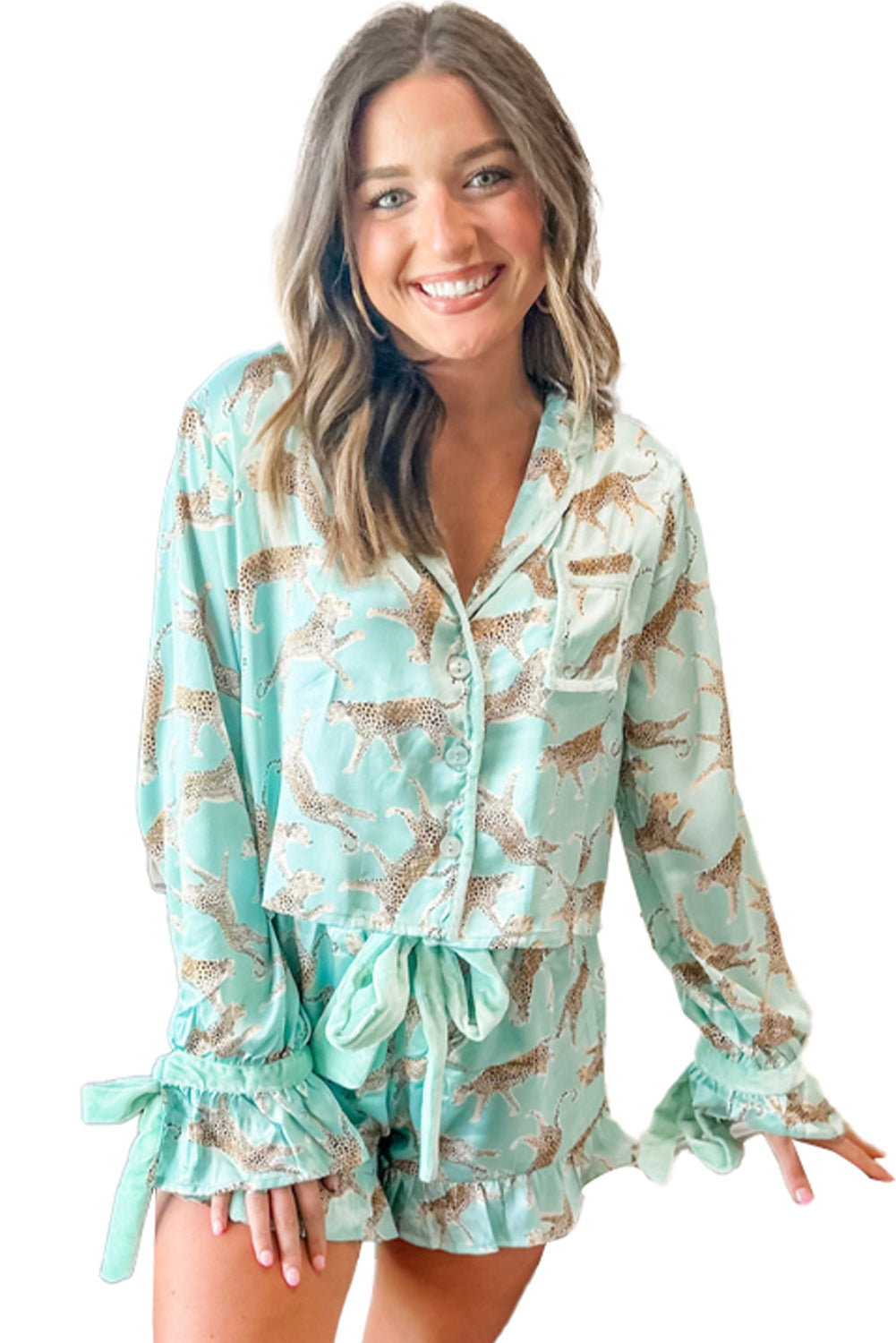 Green Leopard Satin Ruffle Hem Pajama Set - MAD RUFFI