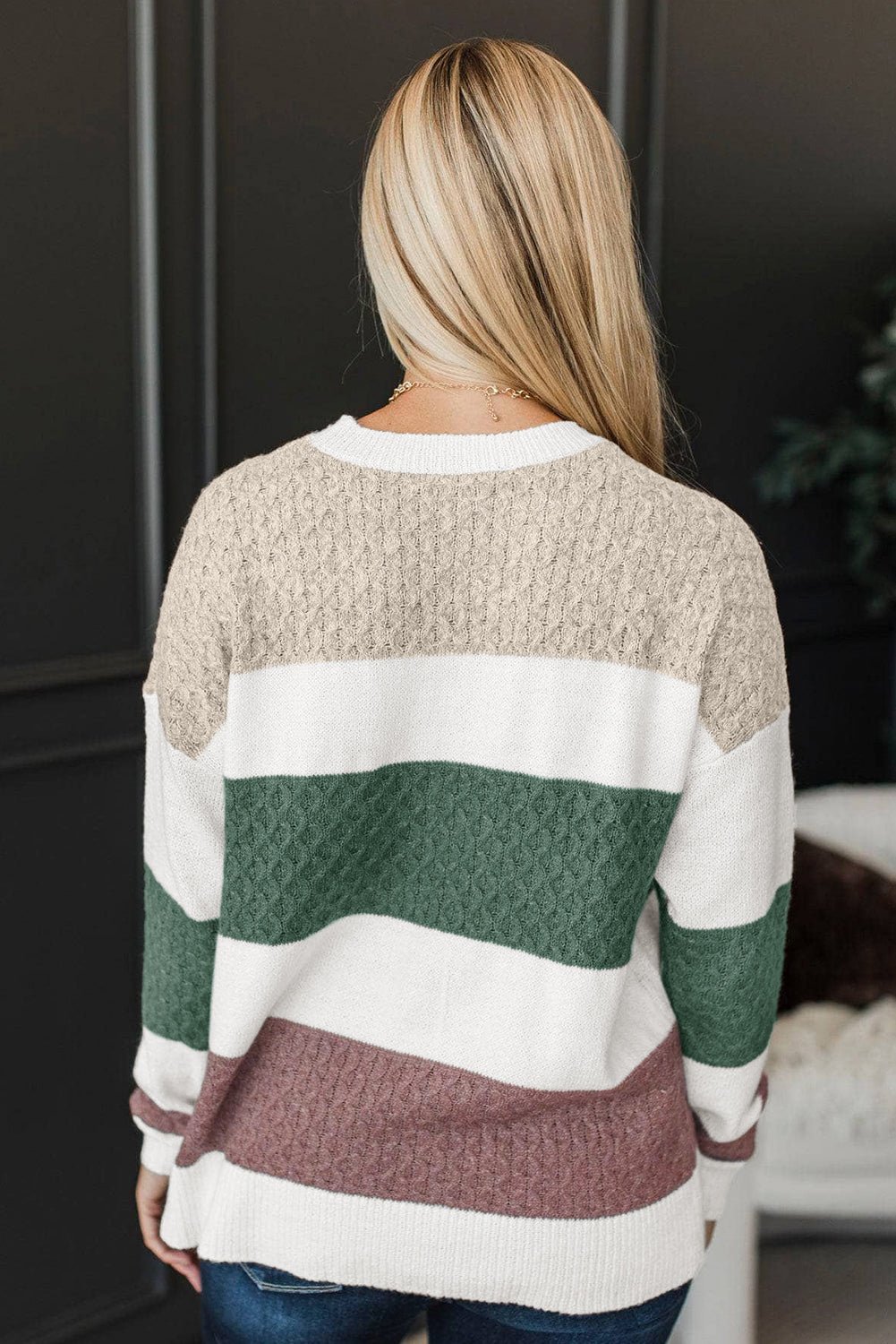 Green Mixed Texture Knit Striped Color Block Loose Sweater - MAD RUFFI