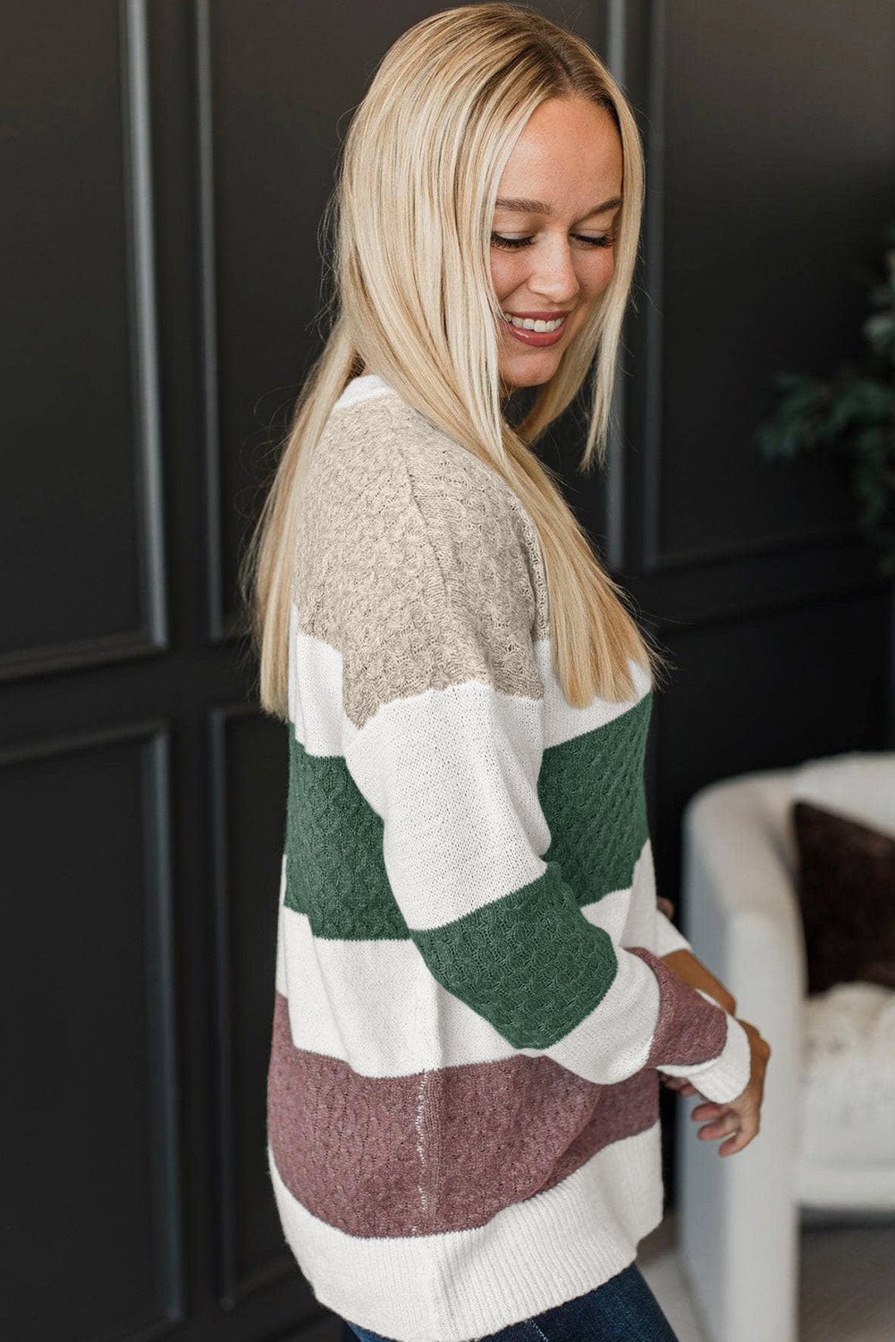Green Mixed Texture Knit Striped Color Block Loose Sweater - MAD RUFFI