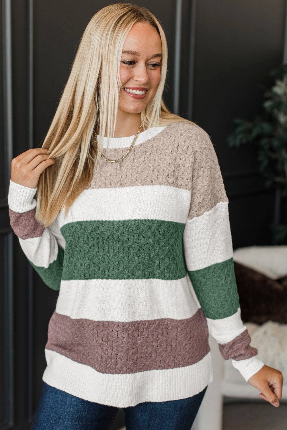 Green Mixed Texture Knit Striped Color Block Loose Sweater - MAD RUFFI