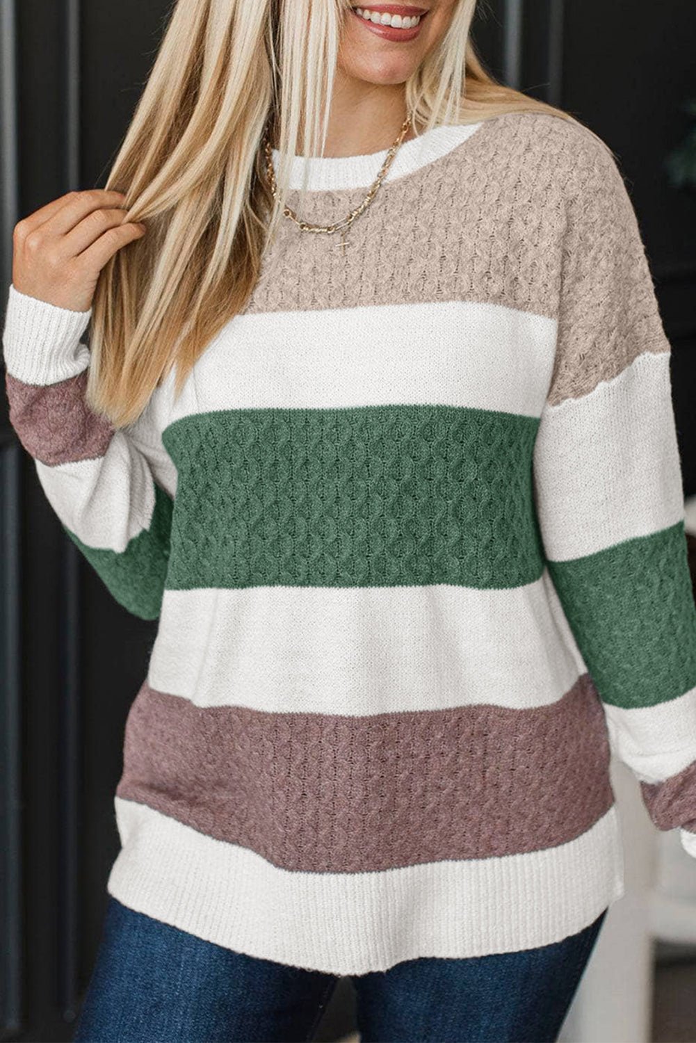Green Mixed Texture Knit Striped Color Block Loose Sweater - MAD RUFFI