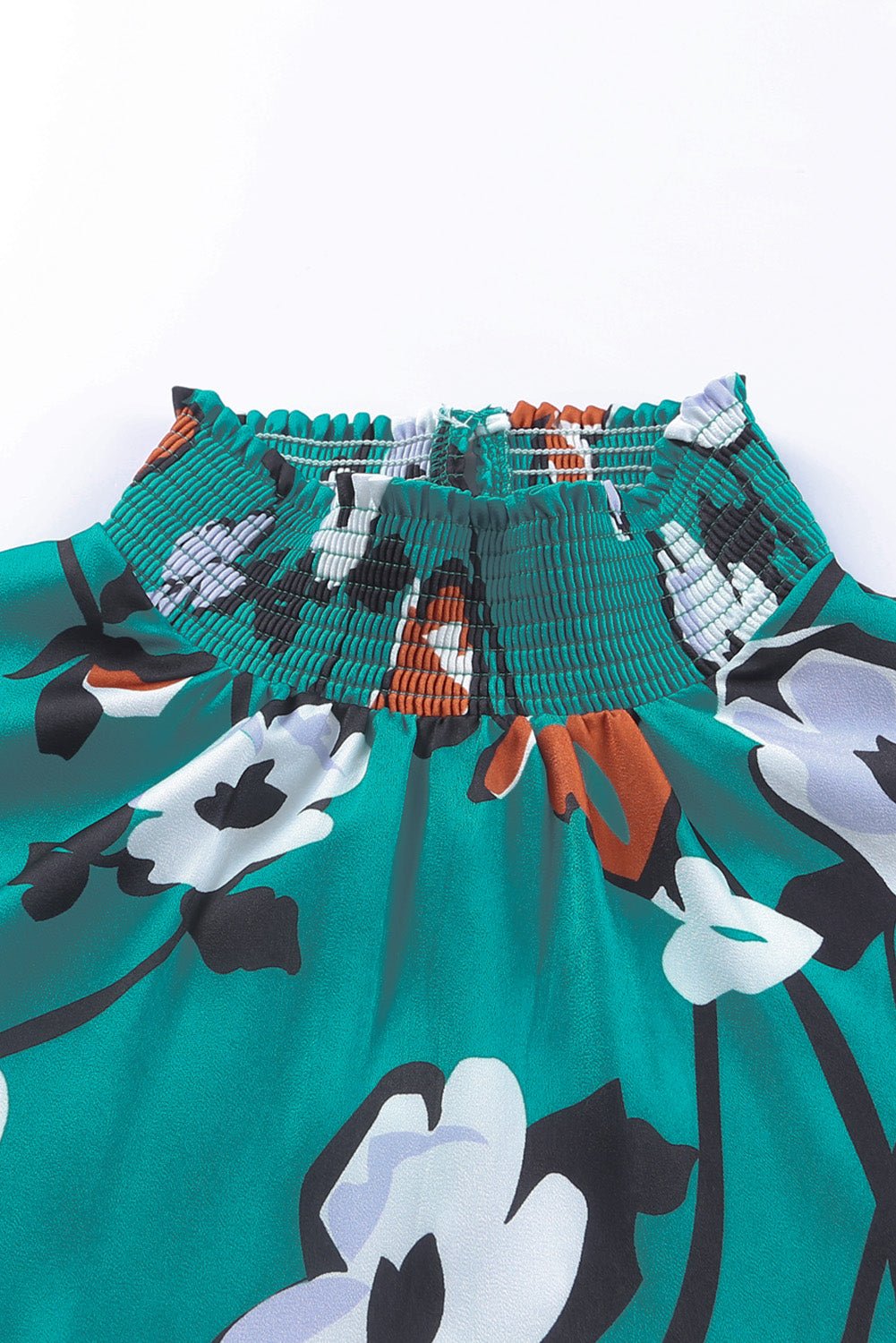 Green Mock Neck Top Floral Print Long Sleeve Silk Blouse - MAD RUFFI