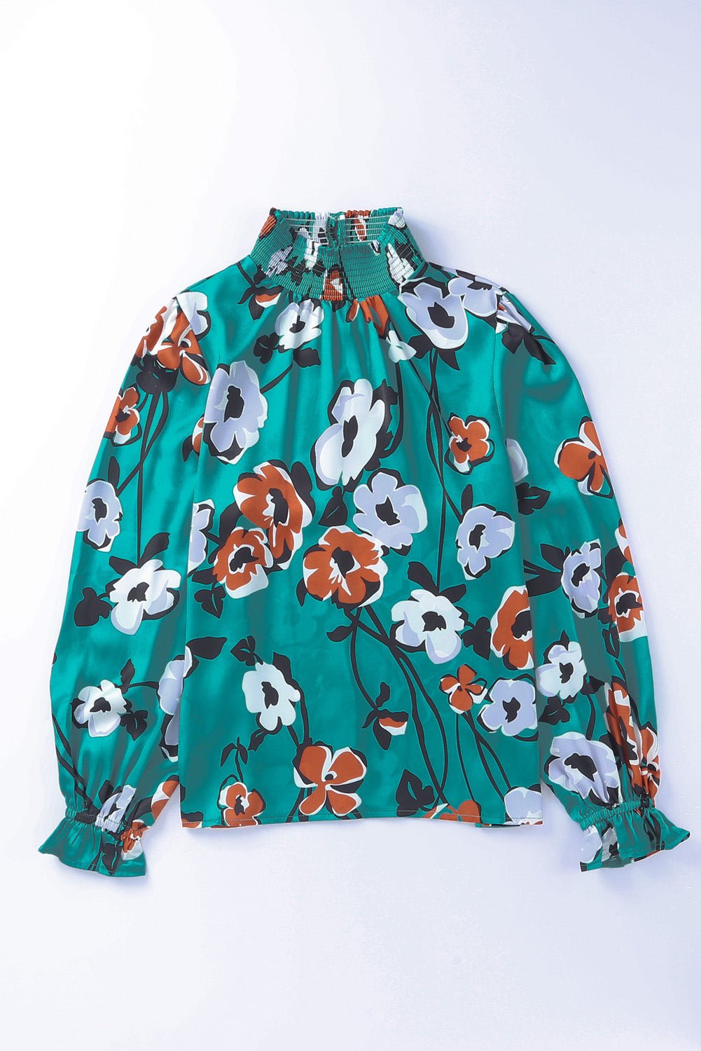 Green Mock Neck Top Floral Print Long Sleeve Silk Blouse - MAD RUFFI