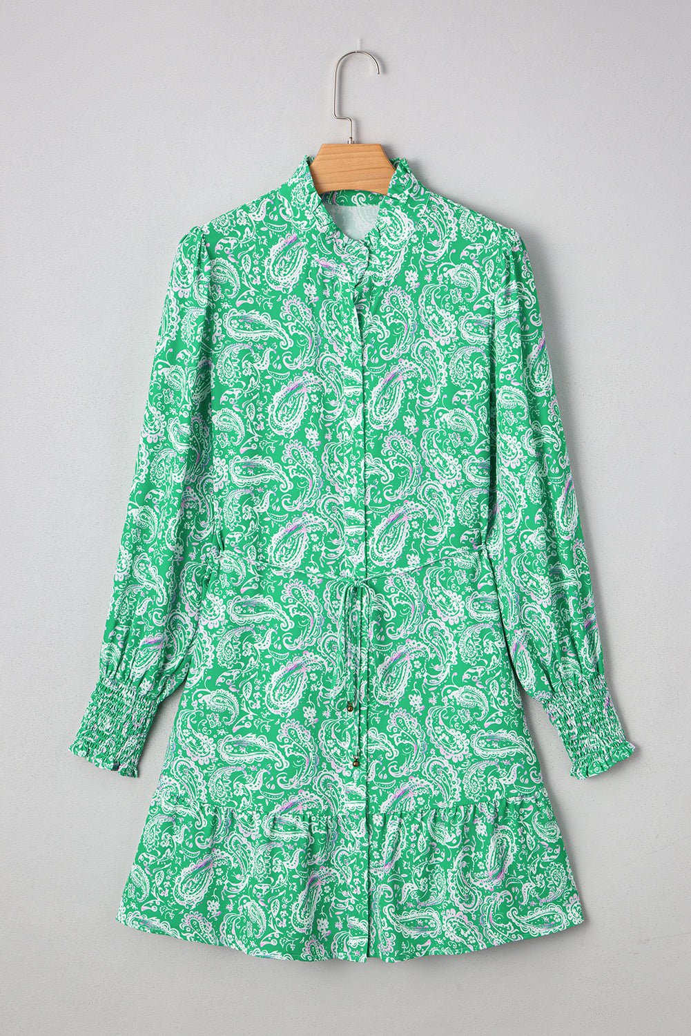 Green Paisley Print Long Sleeve Button Front Tied Waist Mini Dress - MAD RUFFI