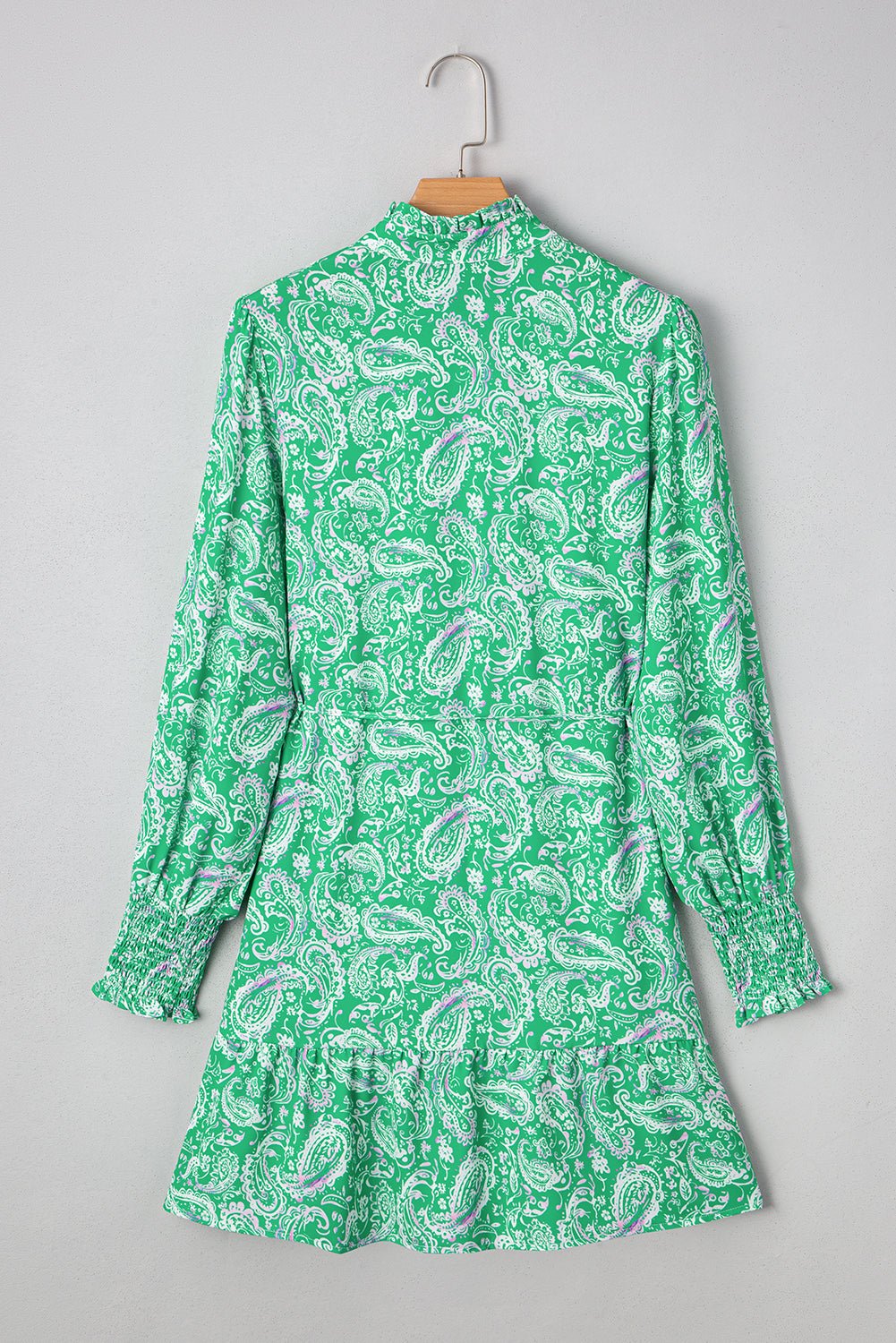 Green Paisley Print Long Sleeve Button Front Tied Waist Mini Dress - MAD RUFFI