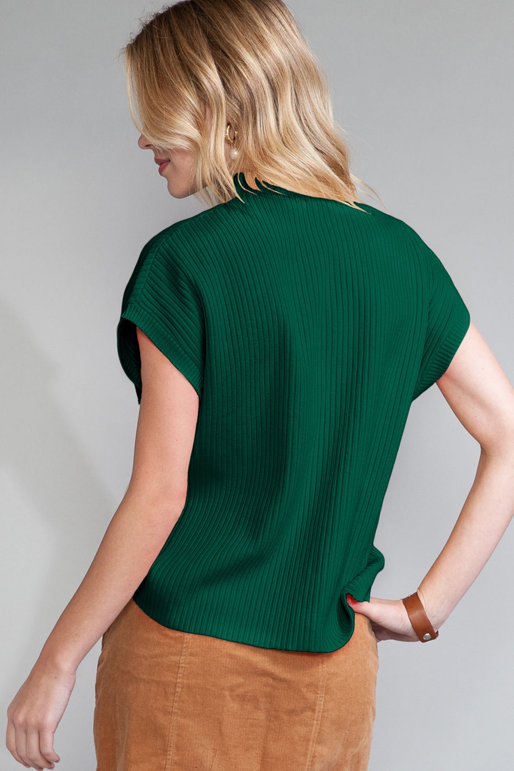 Green Patch Pocket Ribbed Knit Short Sleeve Sweater - MAD RUFFI