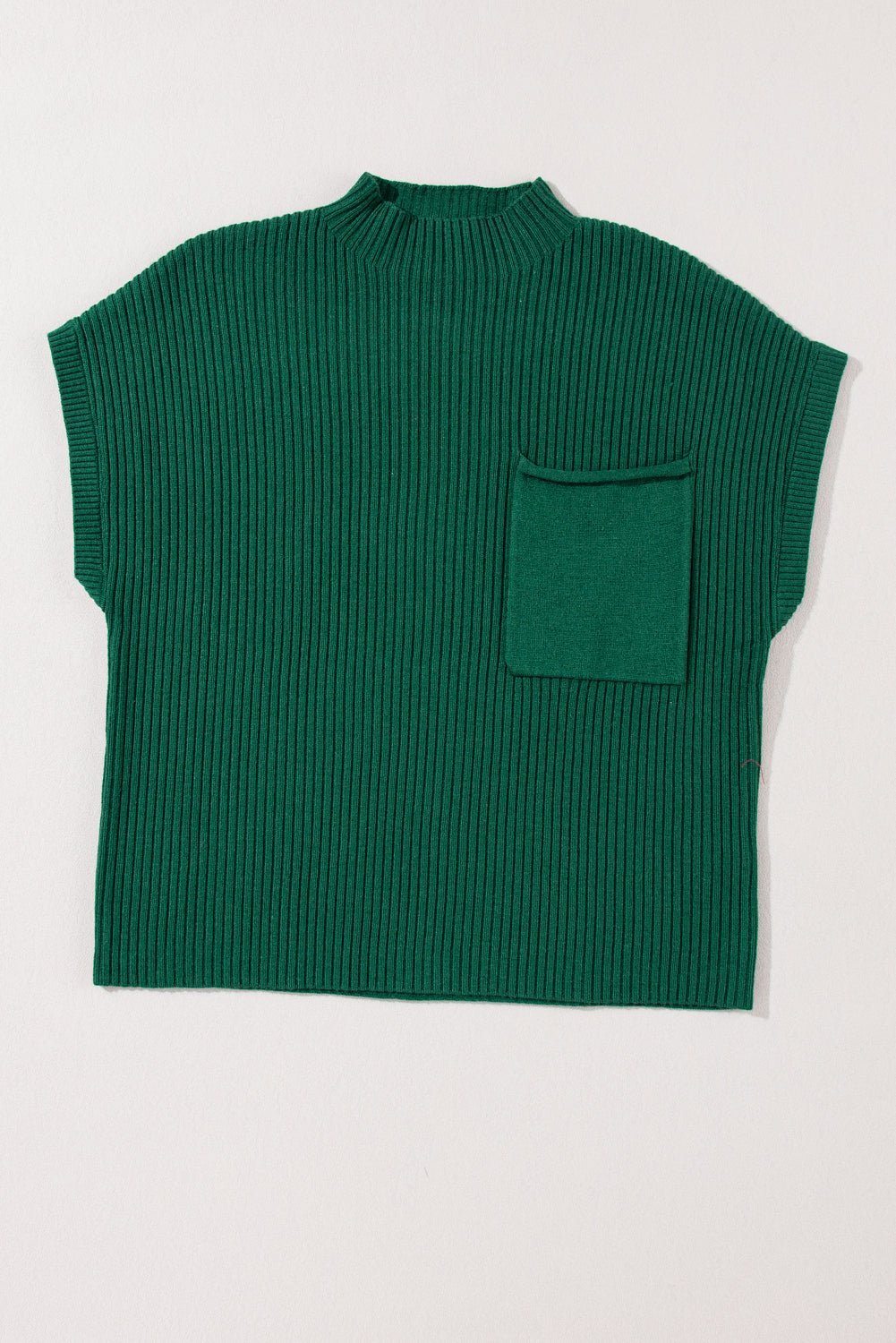 Green Patch Pocket Ribbed Knit Short Sleeve Sweater - MAD RUFFI