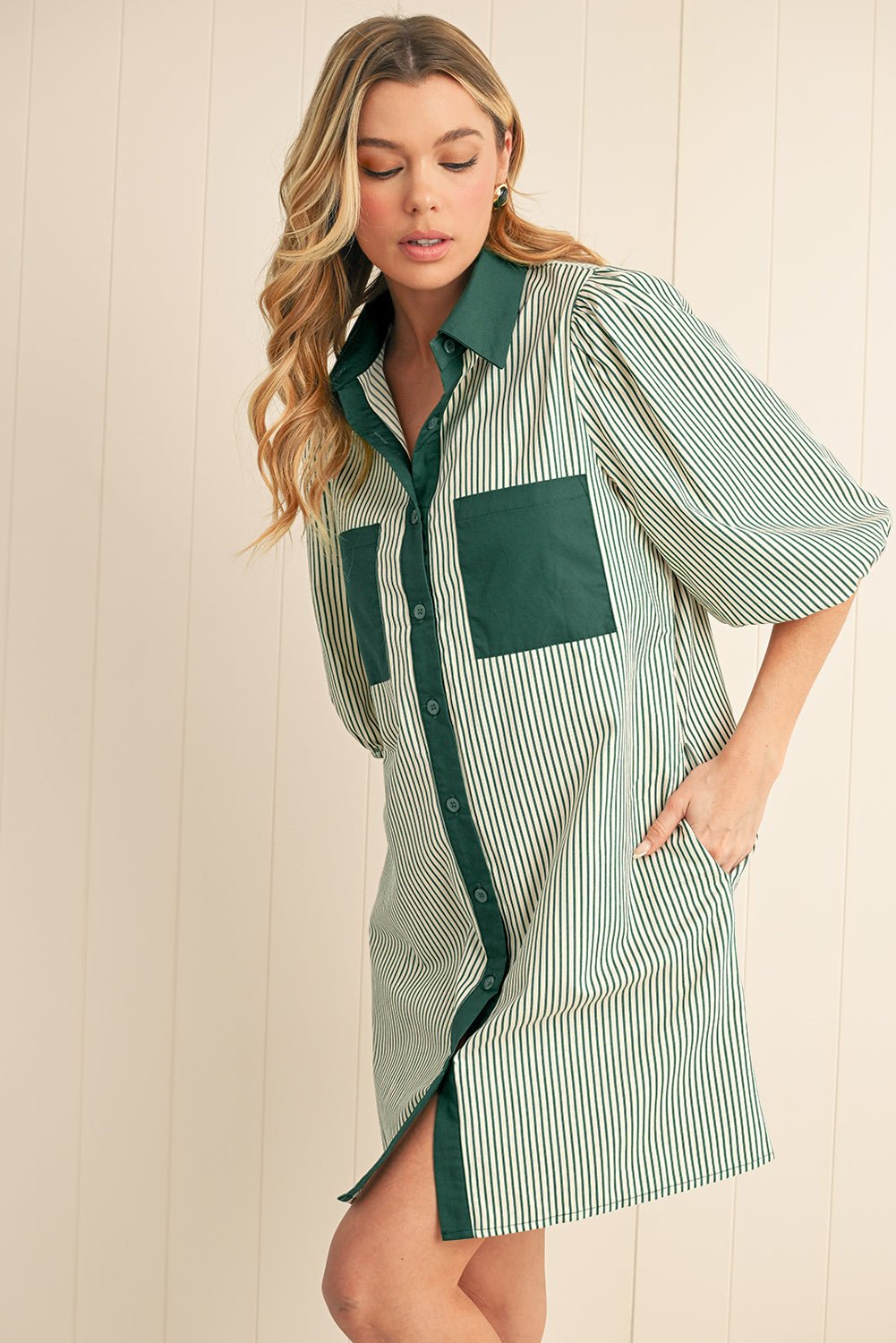 Green Patch Pockets Button Down Short Puff Sleeve Dress - MAD RUFFI