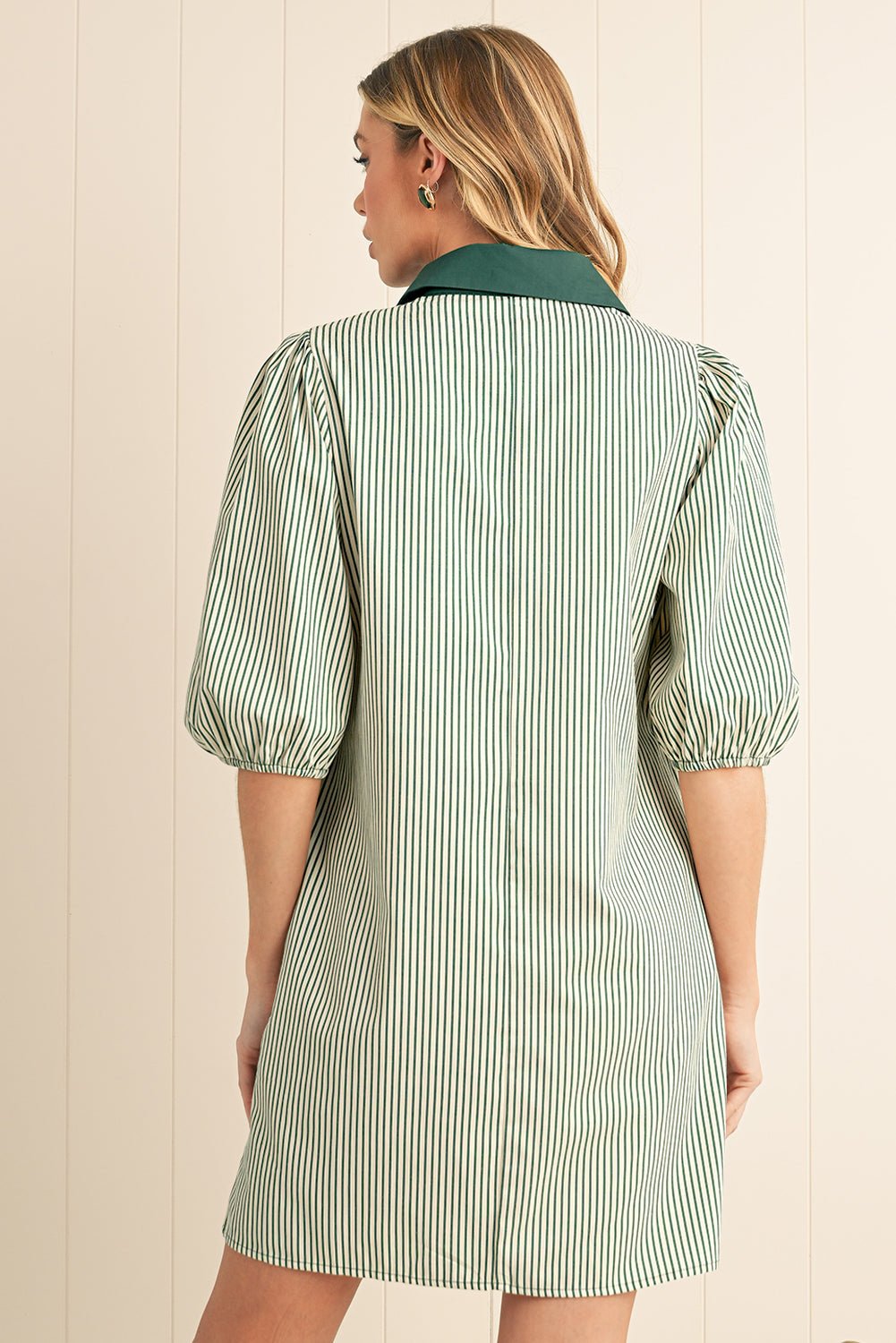 Green Patch Pockets Button Down Short Puff Sleeve Dress - MAD RUFFI
