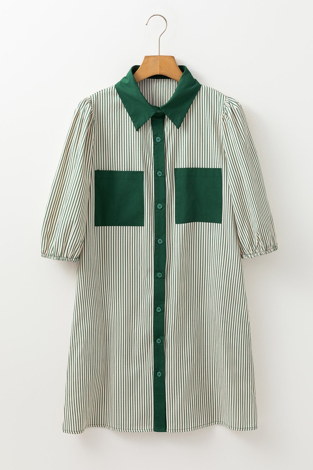Green Patch Pockets Button Down Short Puff Sleeve Dress - MAD RUFFI