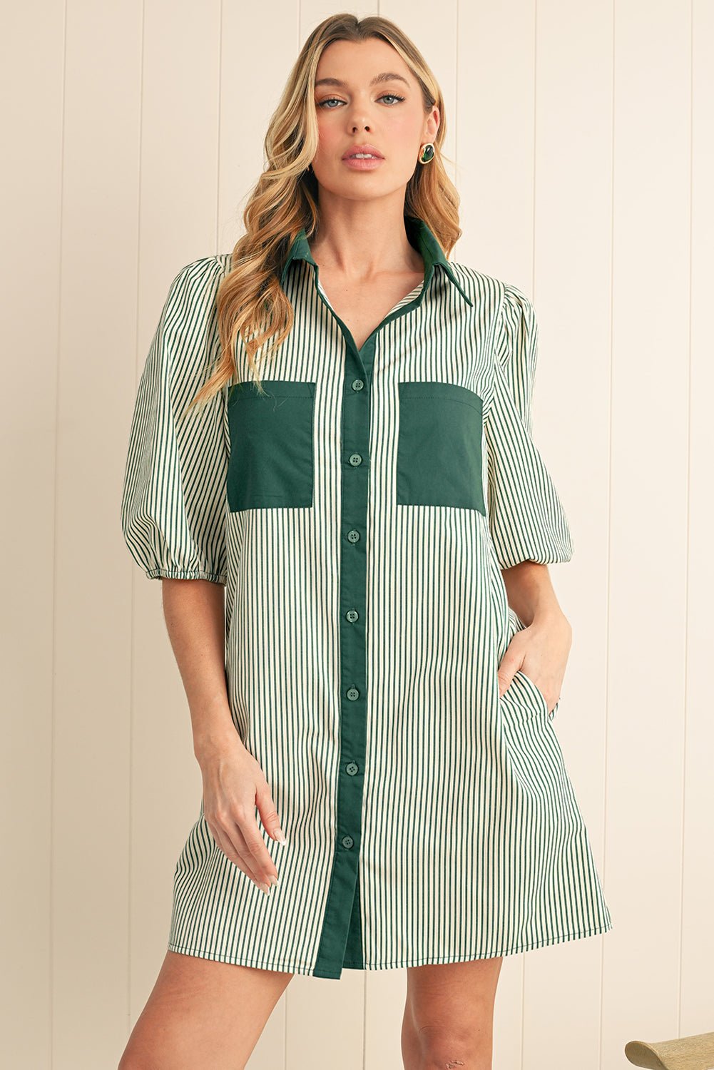 Green Patch Pockets Button Down Short Puff Sleeve Dress - MAD RUFFI