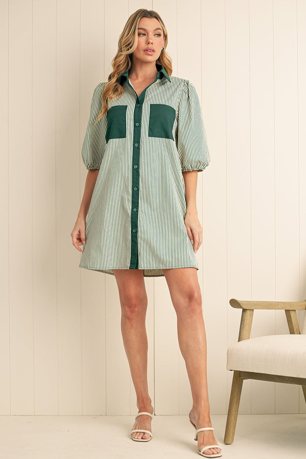Green Patch Pockets Button Down Short Puff Sleeve Dress - MAD RUFFI